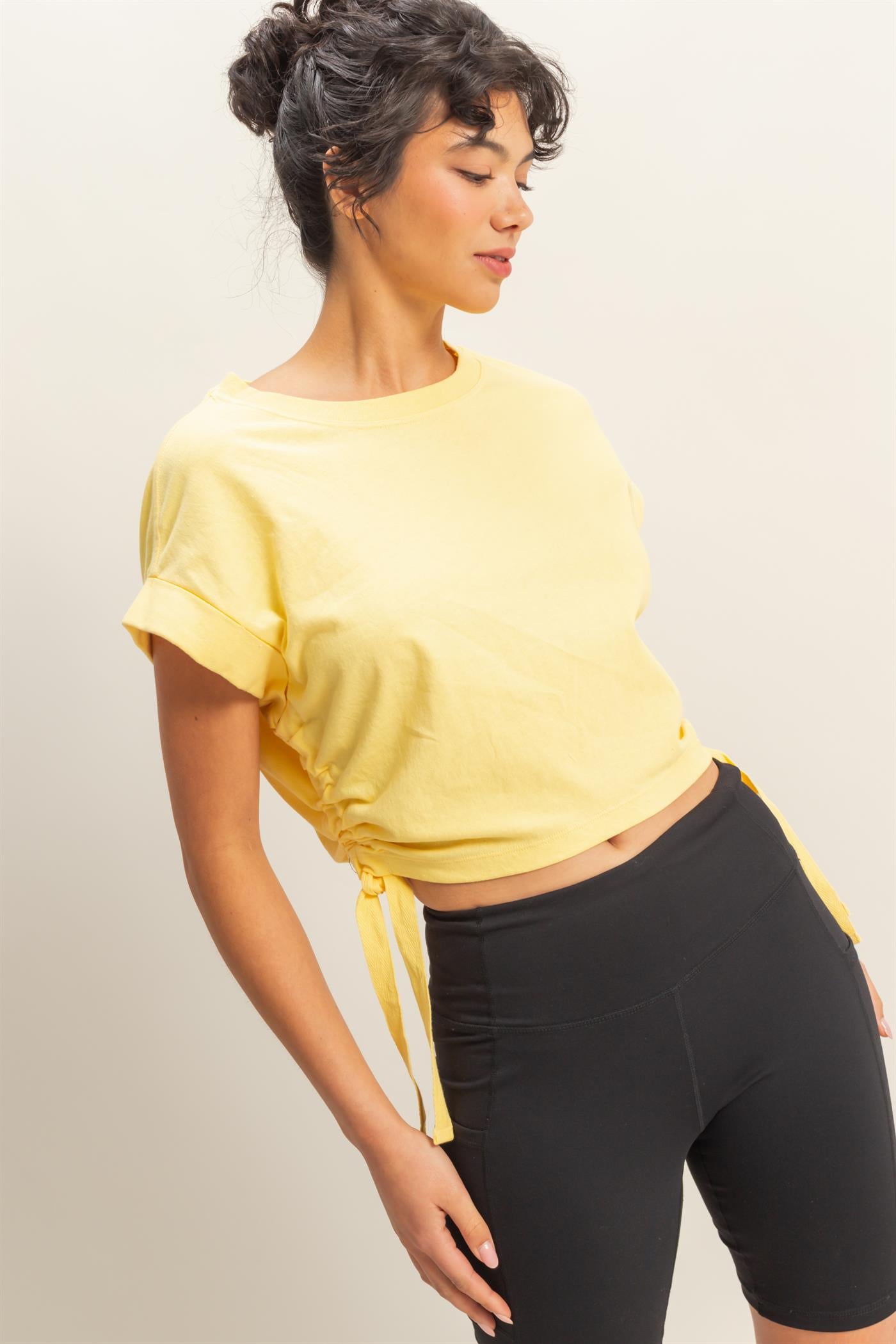 Wholesale Short Sleeve Side Tie Detail Top Clothing Tops DZ25C113 CREAMY YELLOW DOUBLE ZERO