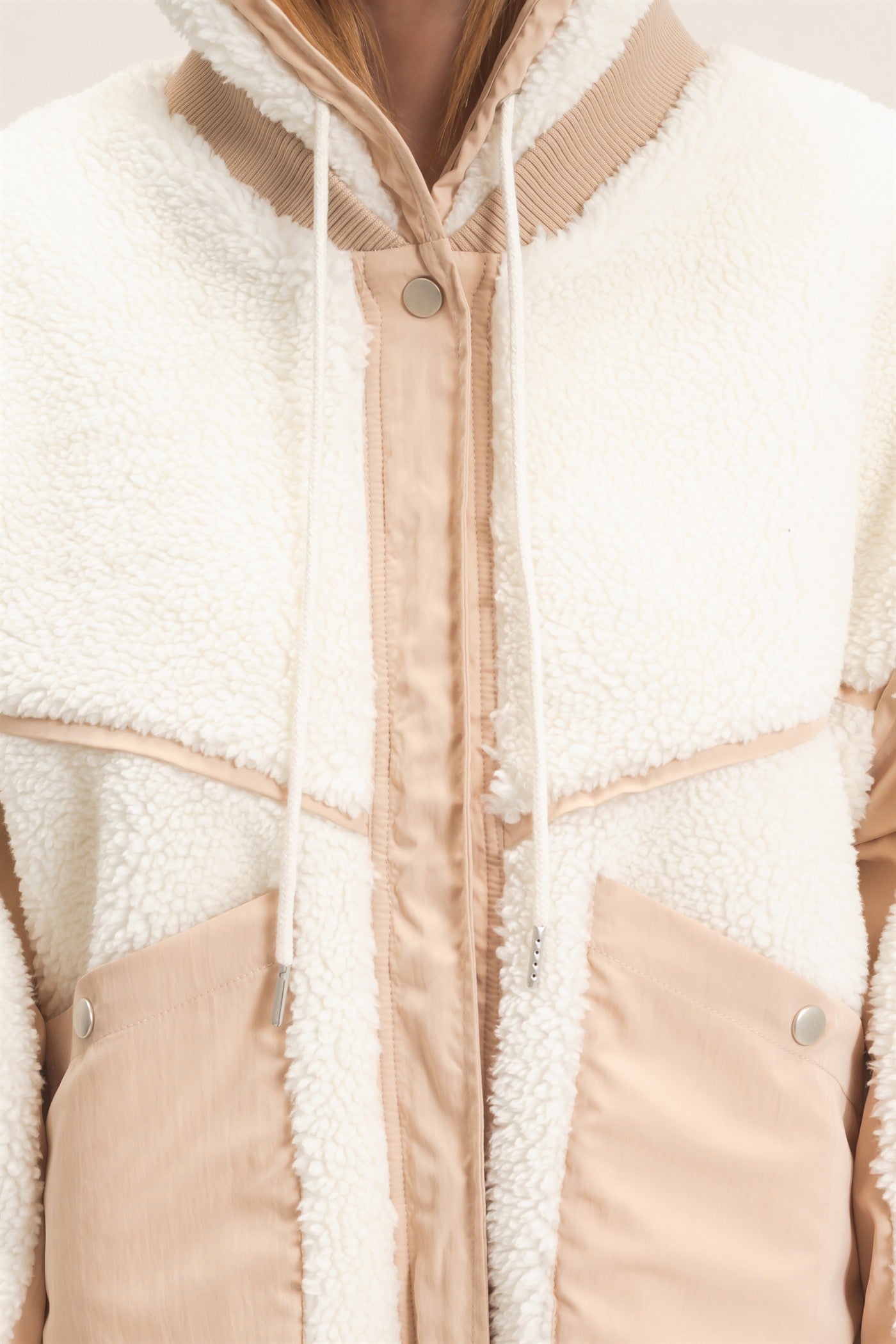 Wholesale Contrast Panel Sherpa Hooded Jacket Hoodies HF26E989 WHIP CREAM HYFVE