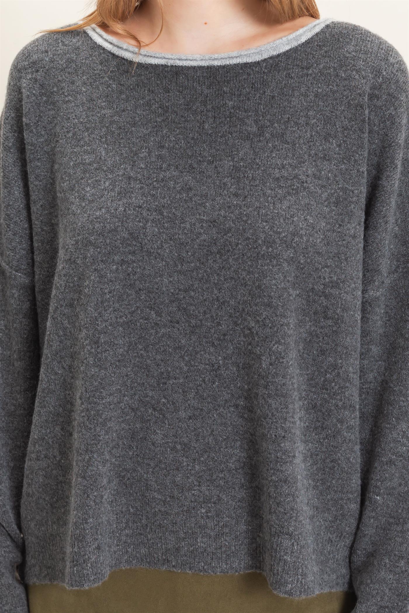 Wholesale Relaxed Wide Neck Knit Sweater Sweaters HF26E066-D CHARCOAL HYFVE