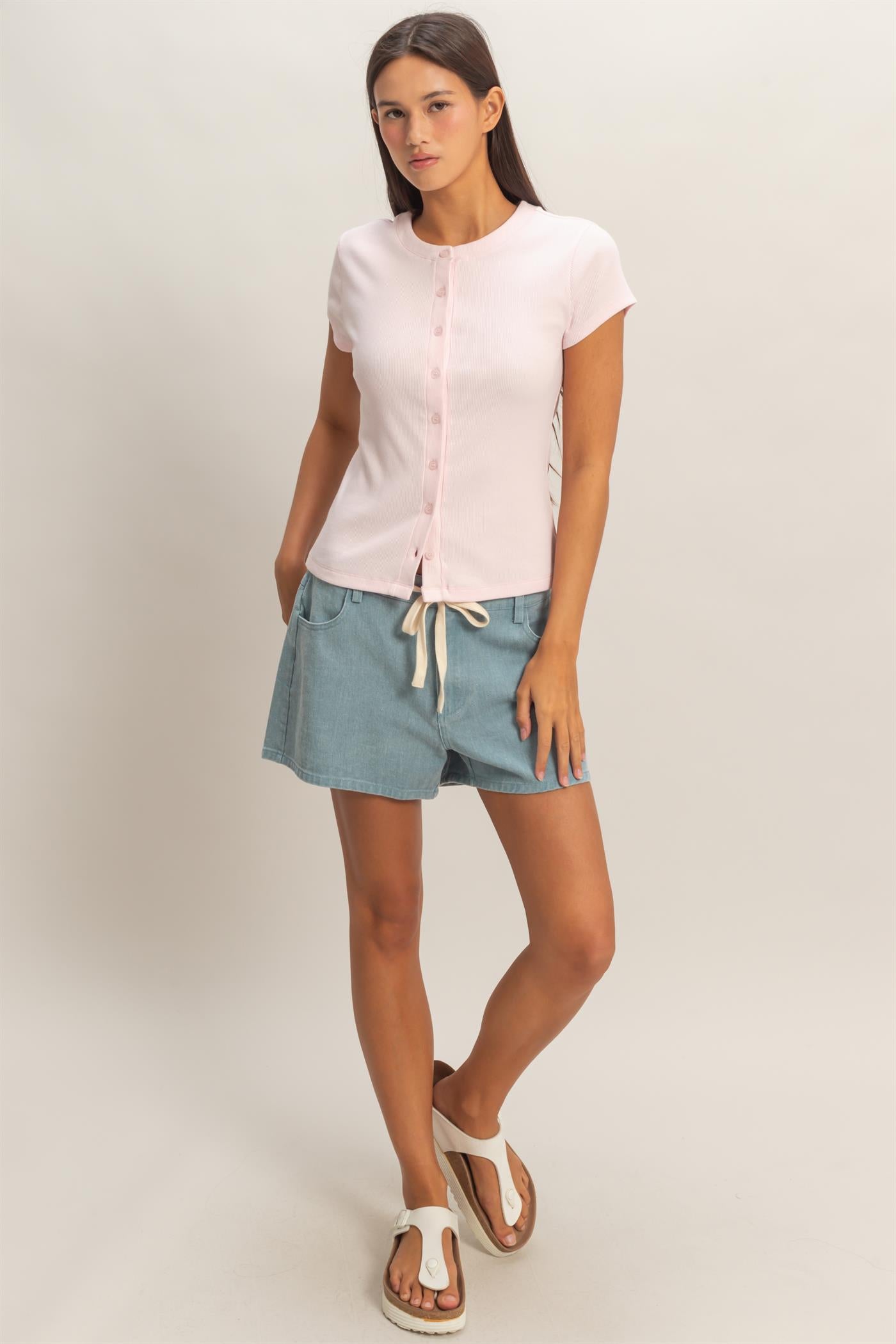 Wholesale Ribbed Button-Front Crew Neck Top Clothing Tops DZ26A727 SOFT PINK DOUBLE ZERO