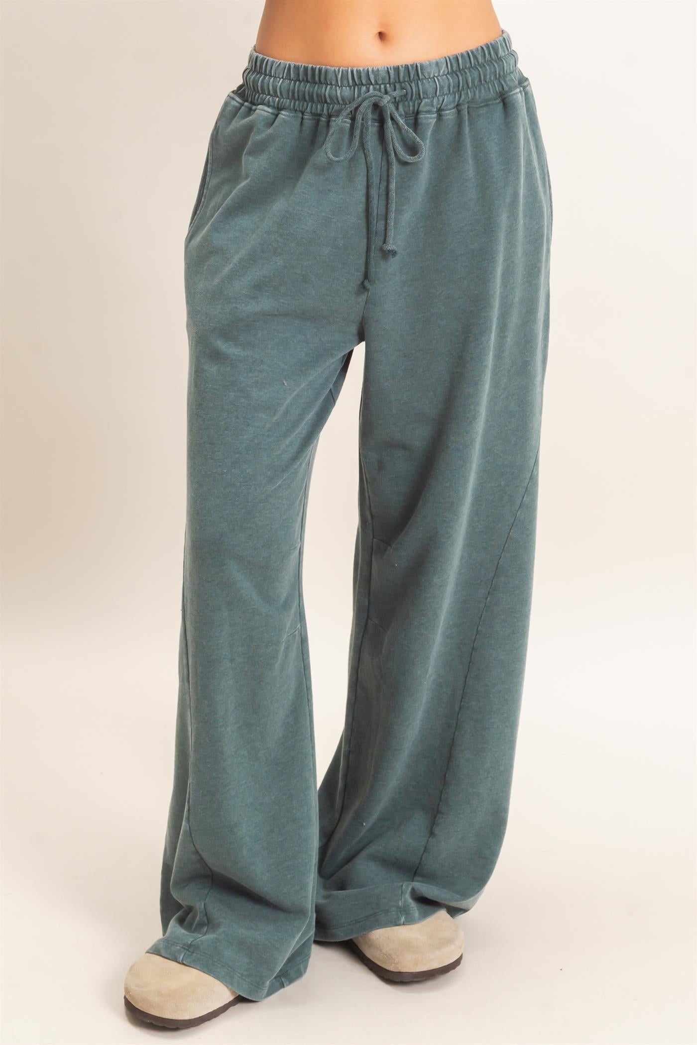 Wholesale Mineral Washed Wide Leg Pants Pants DZ26F082 DARK GREEN DOUBLE ZERO
