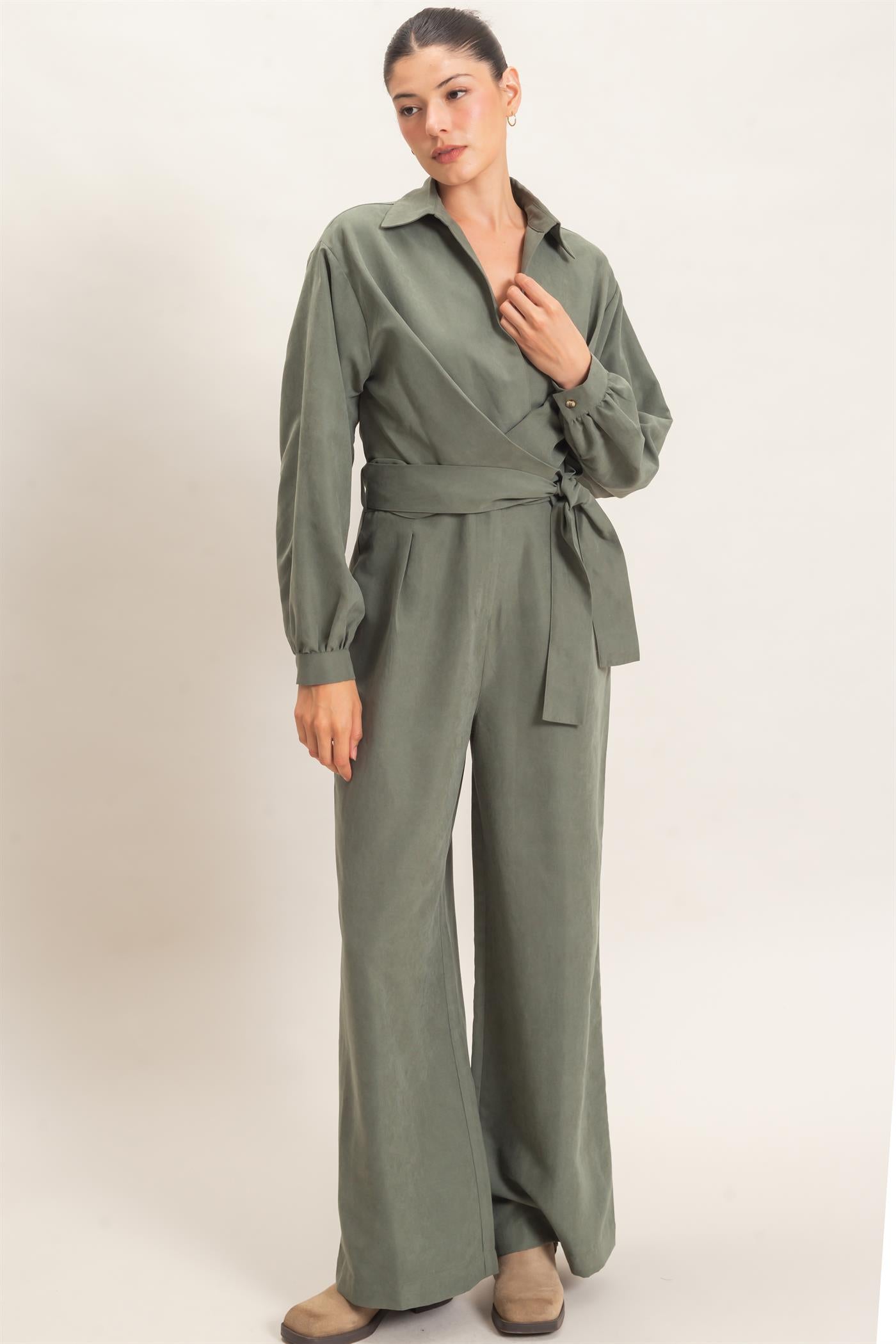 Wholesale Collared Wrap Suede Jumpsuit Clothing HF26C905 FOREST GREEN HYFVE