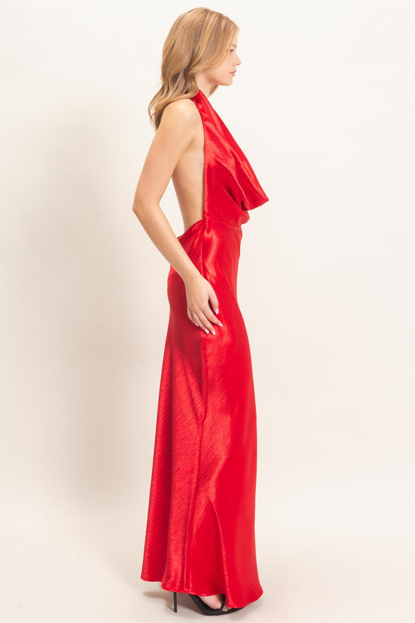 Wholesale Satin Cowl Neck Maxi Dress Dresses HF26F216-D RED HYFVE