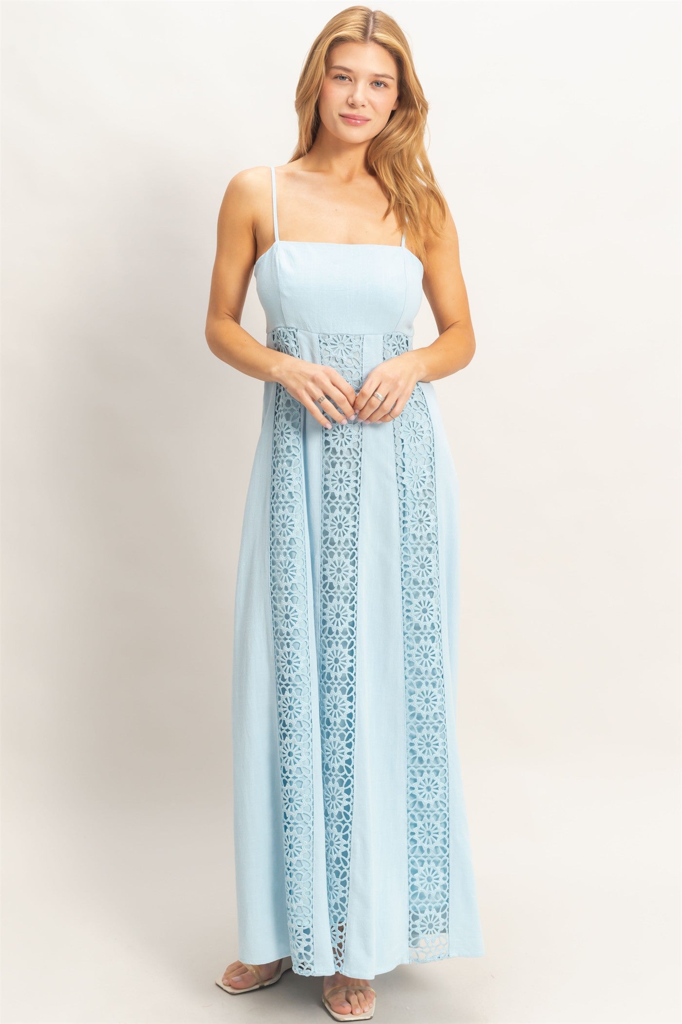 Wholesale Woven Lace Trim Maxi Dress Dresses HF26A498 LIGHT BLUE HYFVE