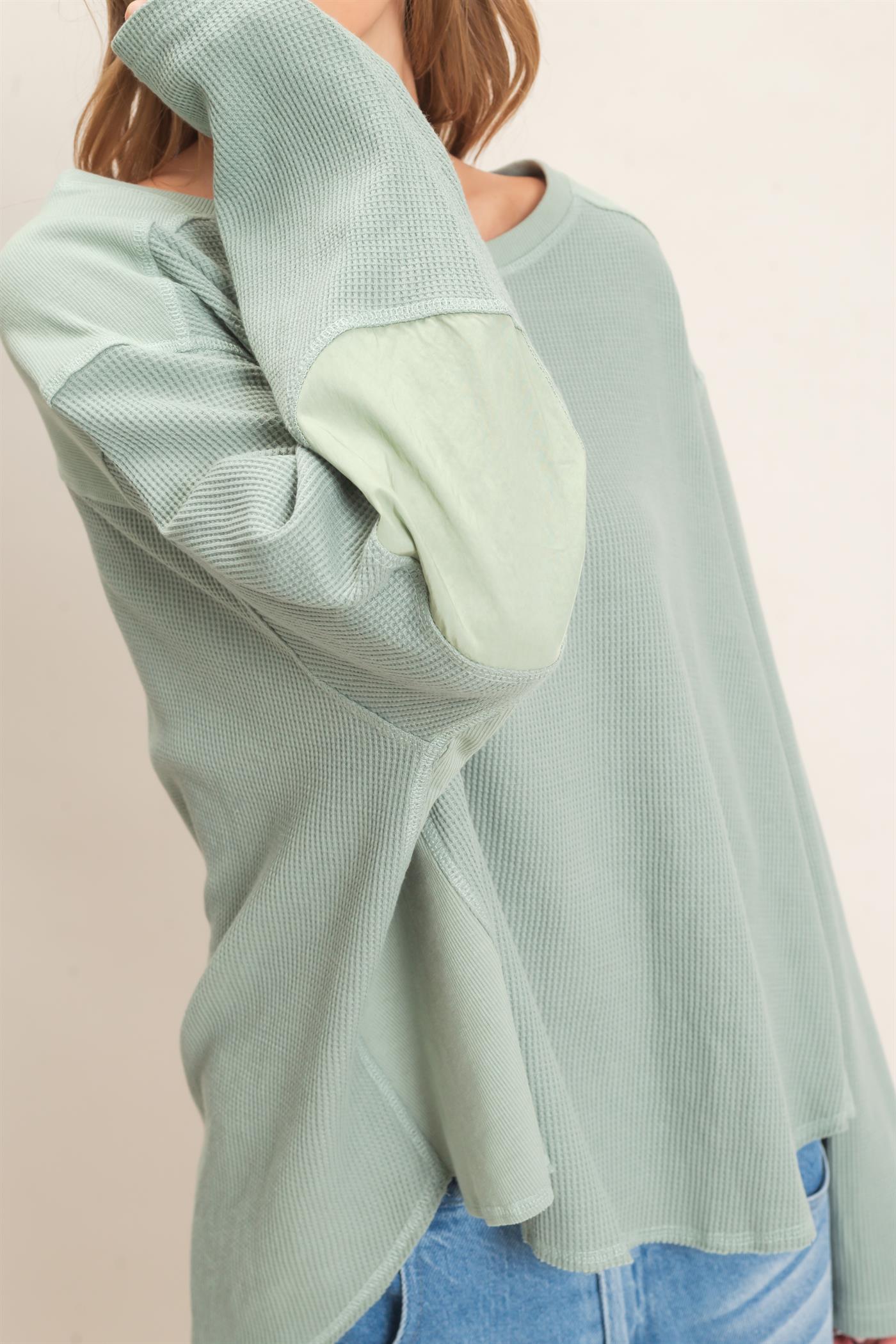 Wholesale Waffle Knit Crew Neck Top Clothing Tops HF26E078 SAGE HYFVE