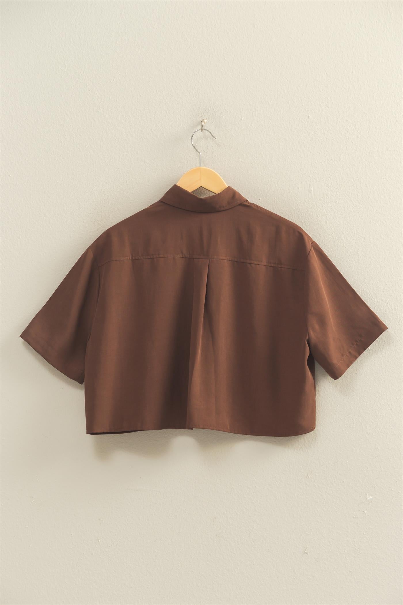 Wholesale Linen Blend Cropped Button-Up Shirt With Pocket Clothing Tops DZ26A583 CHOCOLATE DOUBLE ZERO