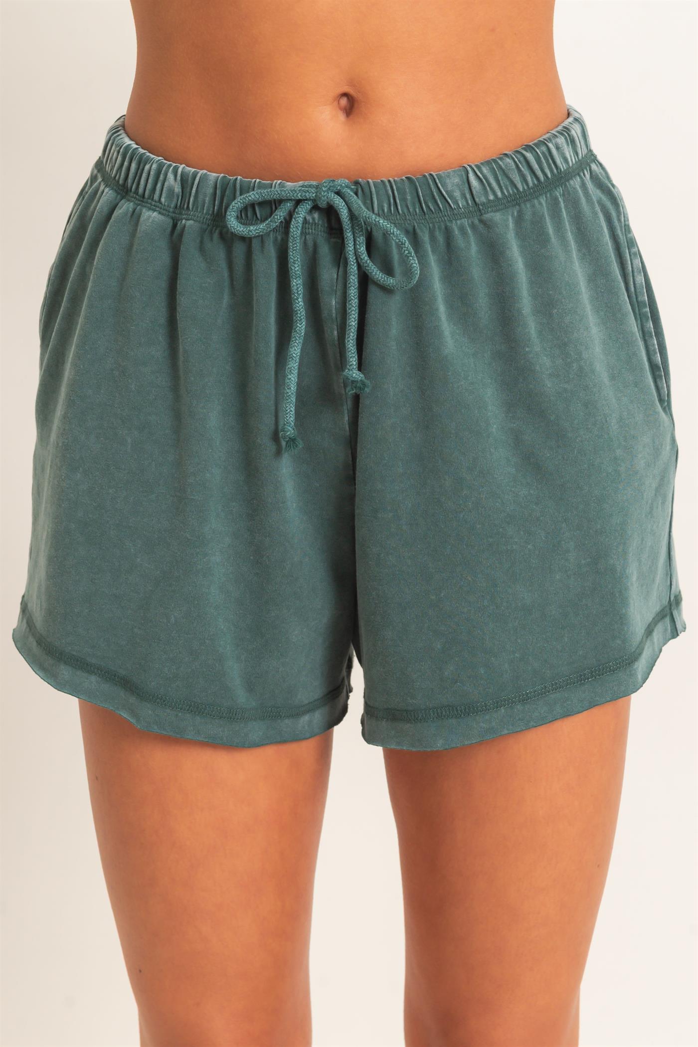 Wholesale Mineral Wash Long Sleeve Raw Edge Top & Shorts Set Clothing DZ26F403-SET DARK GREEN DOUBLE ZERO
