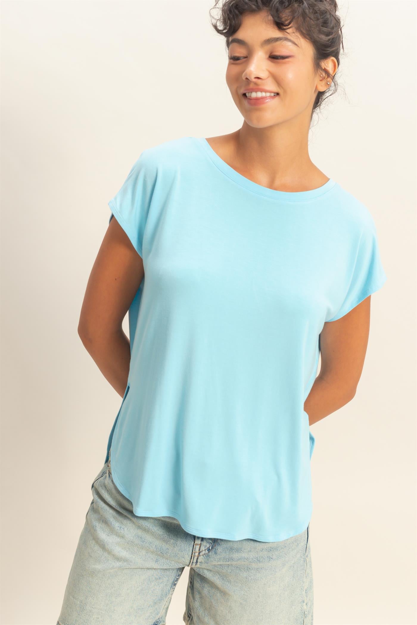 Wholesale Relaxed Dolman Short Sleeve  Round Neck Top Shirts DZ26A270 BLUE DOUBLE ZERO