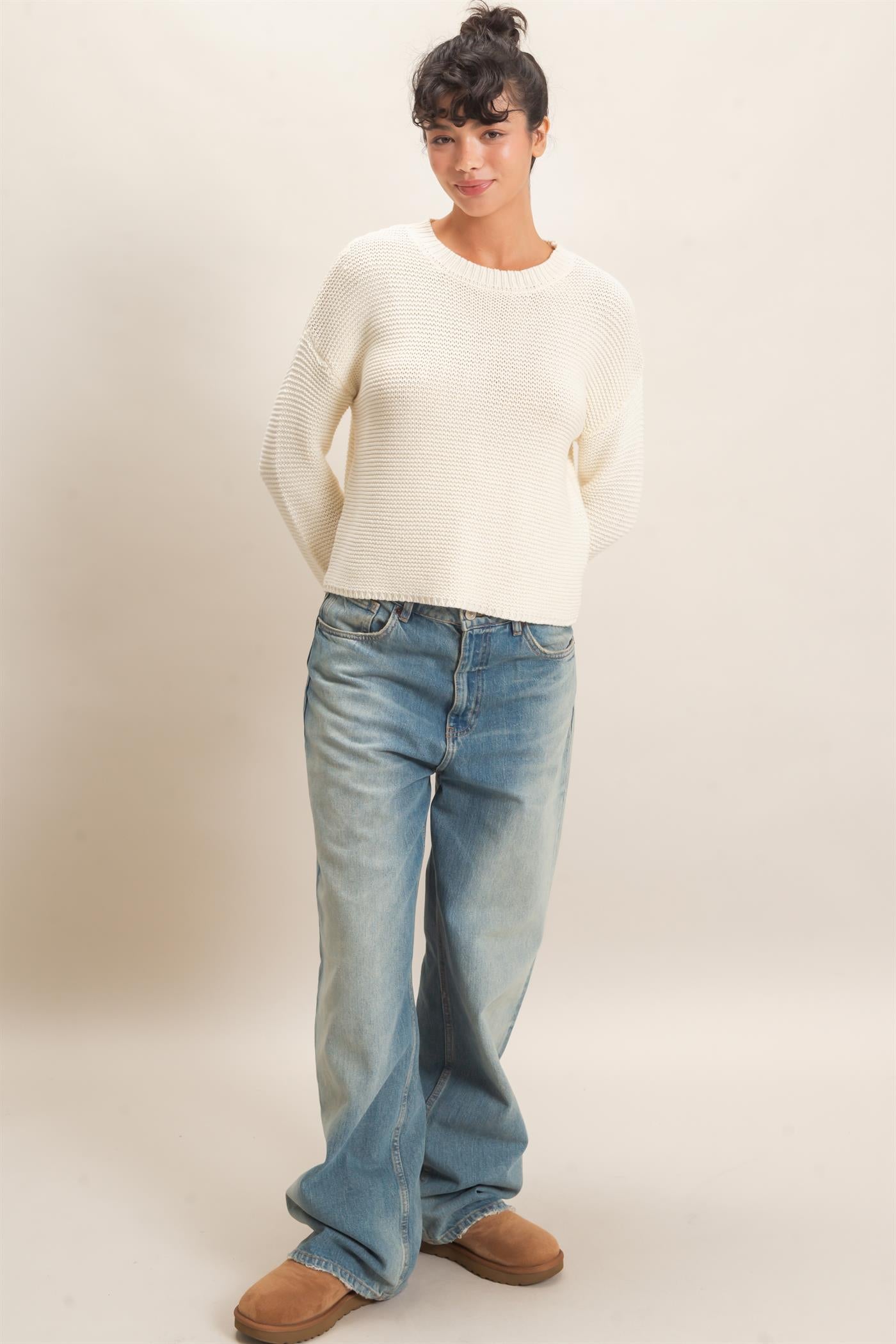 Wholesale Textured Knit Crew Neck Sweater Sweaters DZ26F395 CREAM DOUBLE ZERO