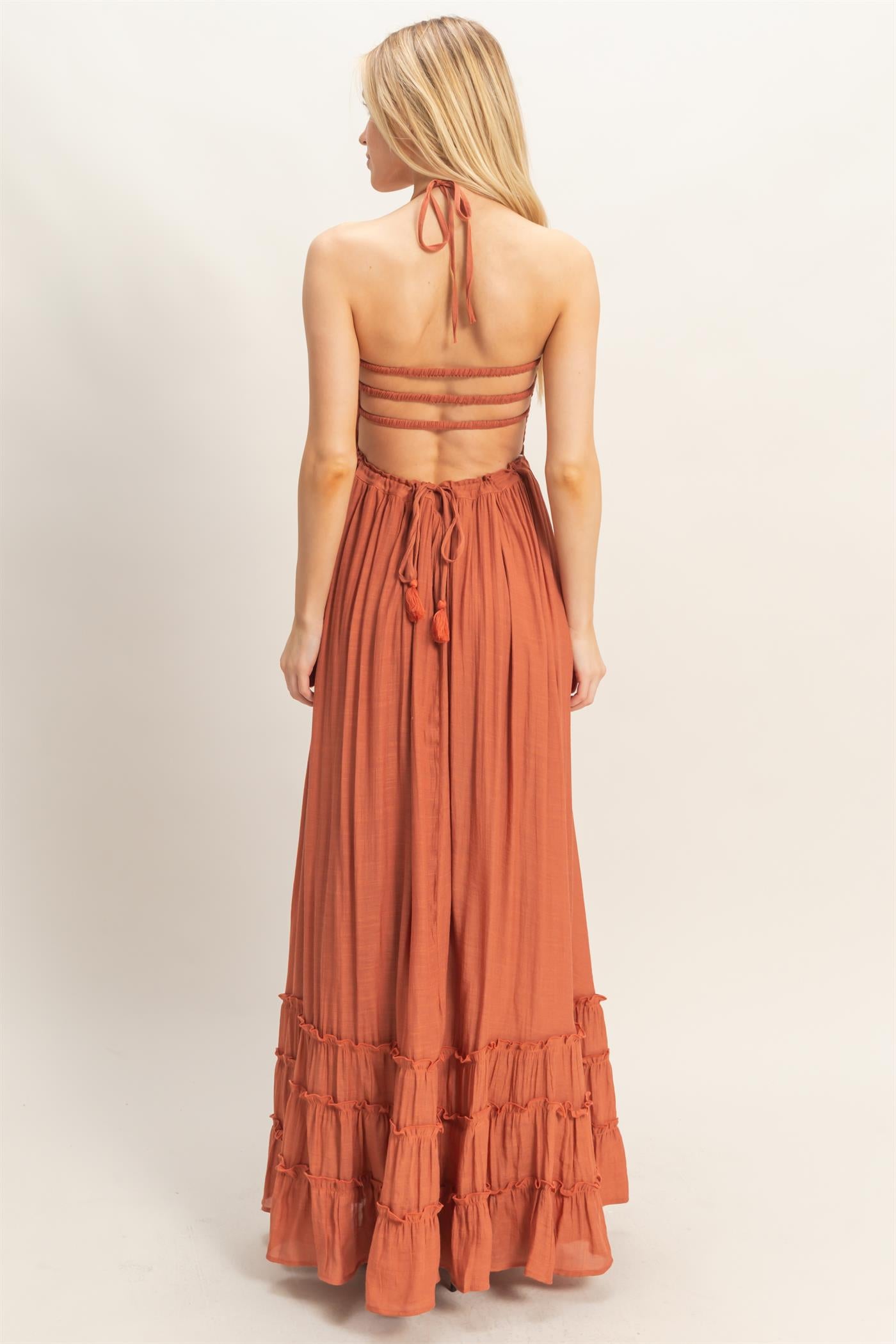 Wholesale Smocked Halter Maxi Dress Dresses HF26C290-D RUST HYFVE