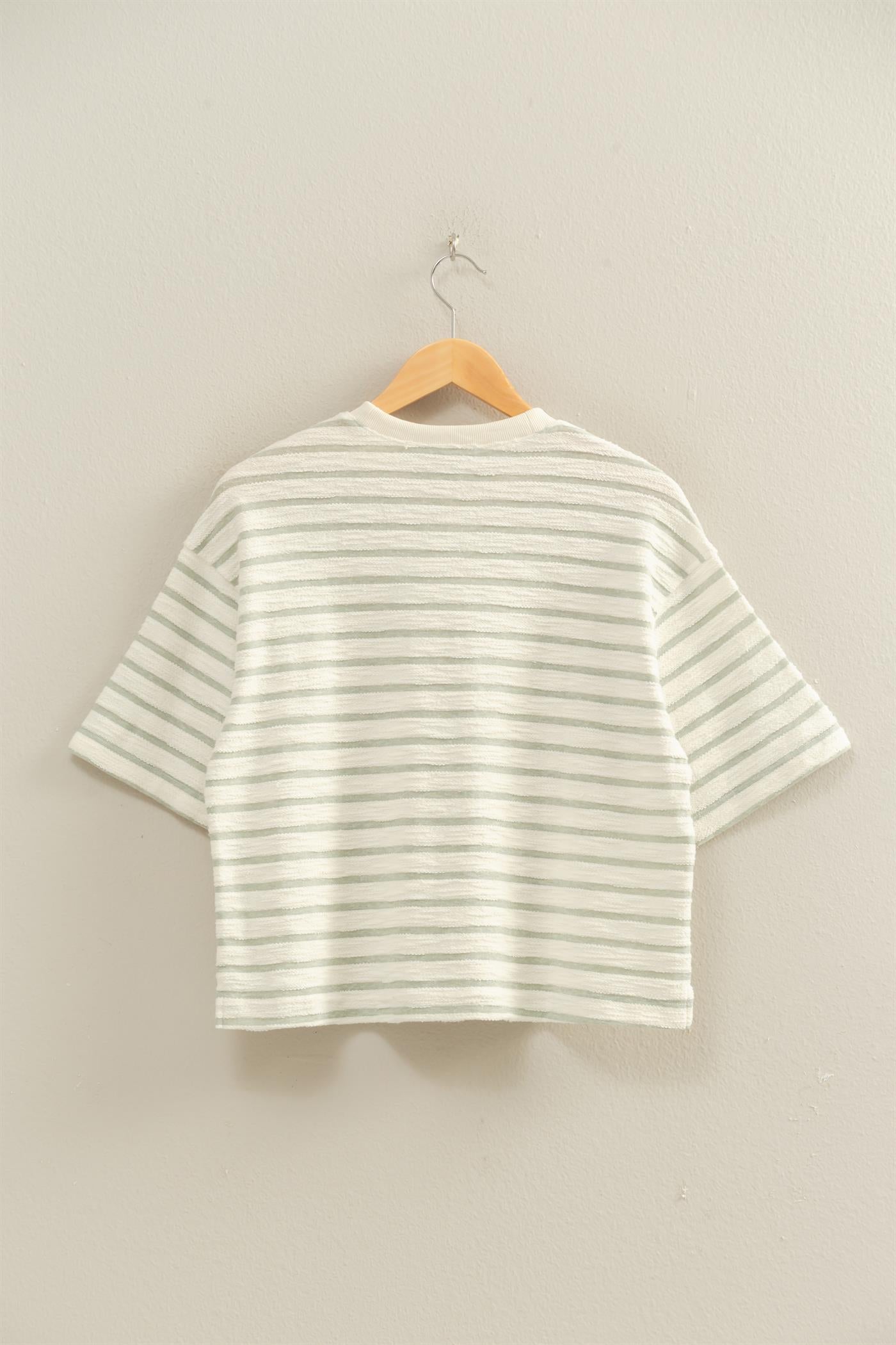 Wholesale Striped Short Sleeve Terry Crew Neck Top Clothing Tops DZ26A887 SAGE GREEN DOUBLE ZERO