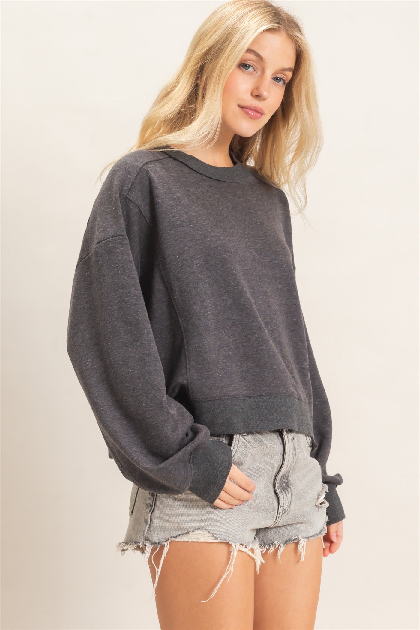 Wholesale Ribbed Crew Neck Sweatshirt Sweatshirts HF26F087 CHARCOAL HYFVE
