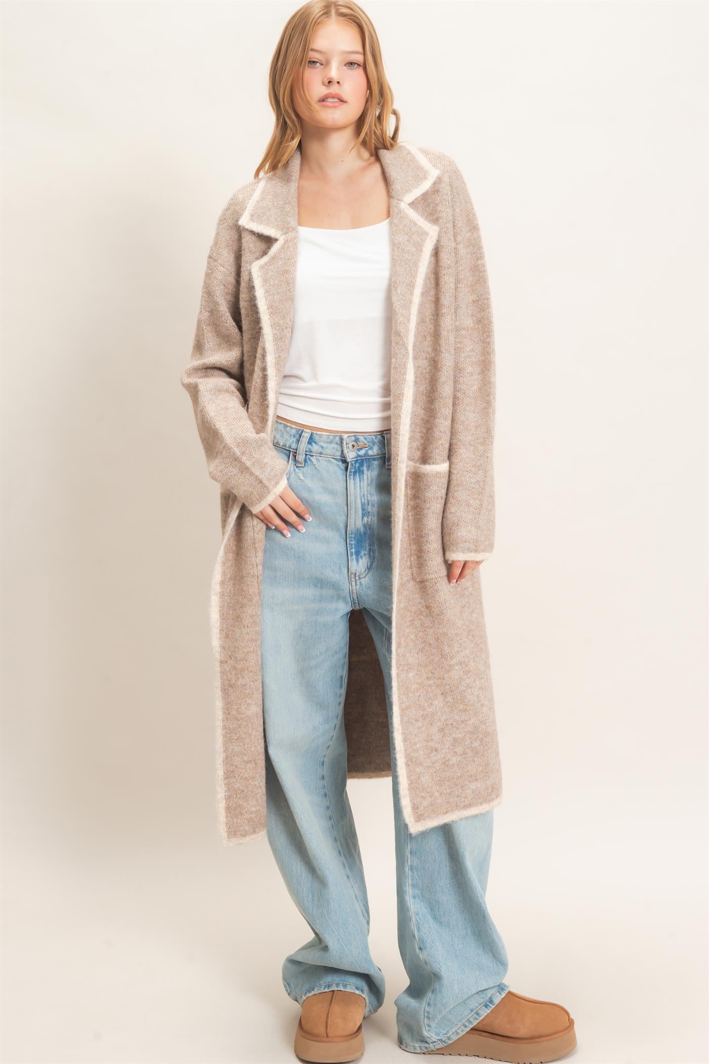 Wholesale Notched Collar Coatigan Sweater Cardigans HF26E695 BEIGE HYFVE