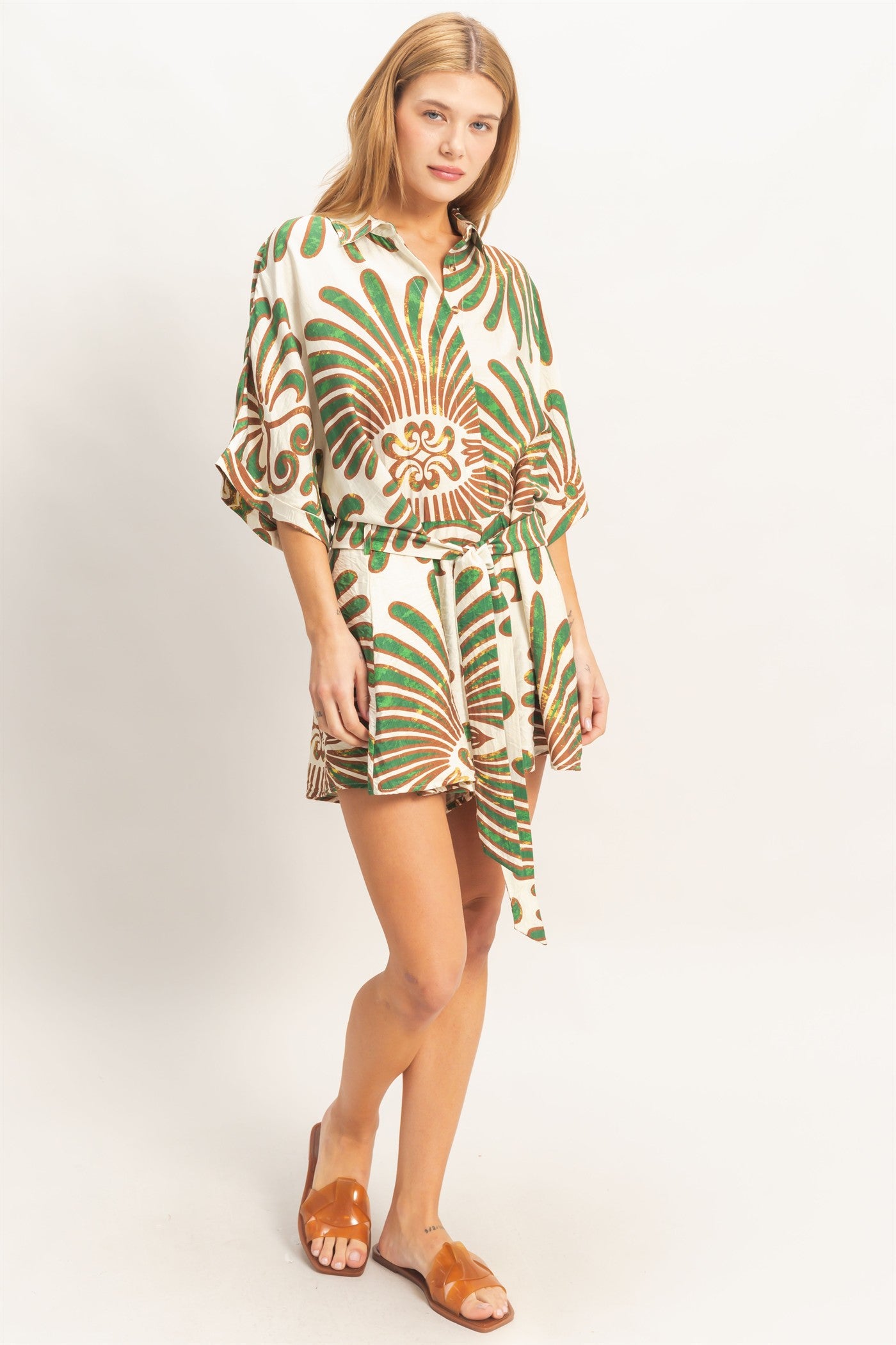 Wholesale Button-Down Print Romper Clothing HF26A003 GREEN HYFVE
