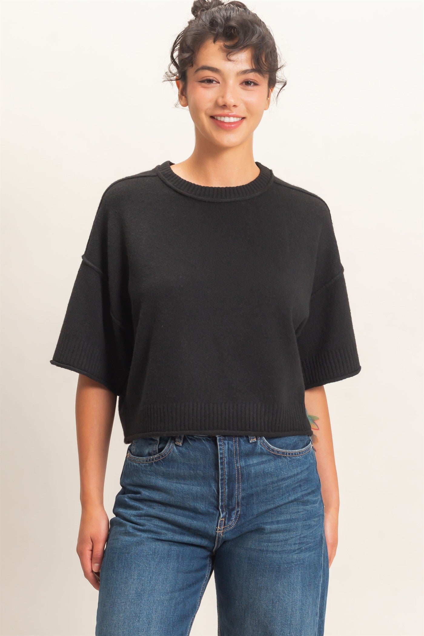 Wholesale Seam Detail Short Sleeve Knit Top Clothing Tops DZ26A827 BLACK DOUBLE ZERO
