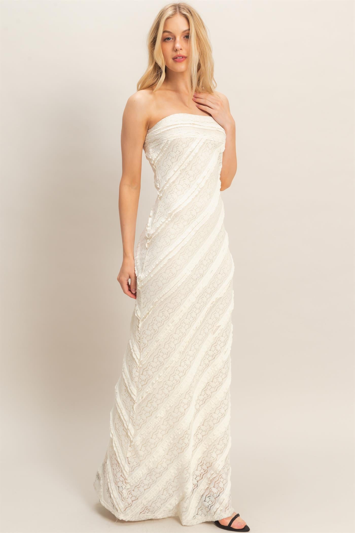 Wholesale Strapless Ruched Maxi Dress Dresses HF26A105 CREAM HYFVE