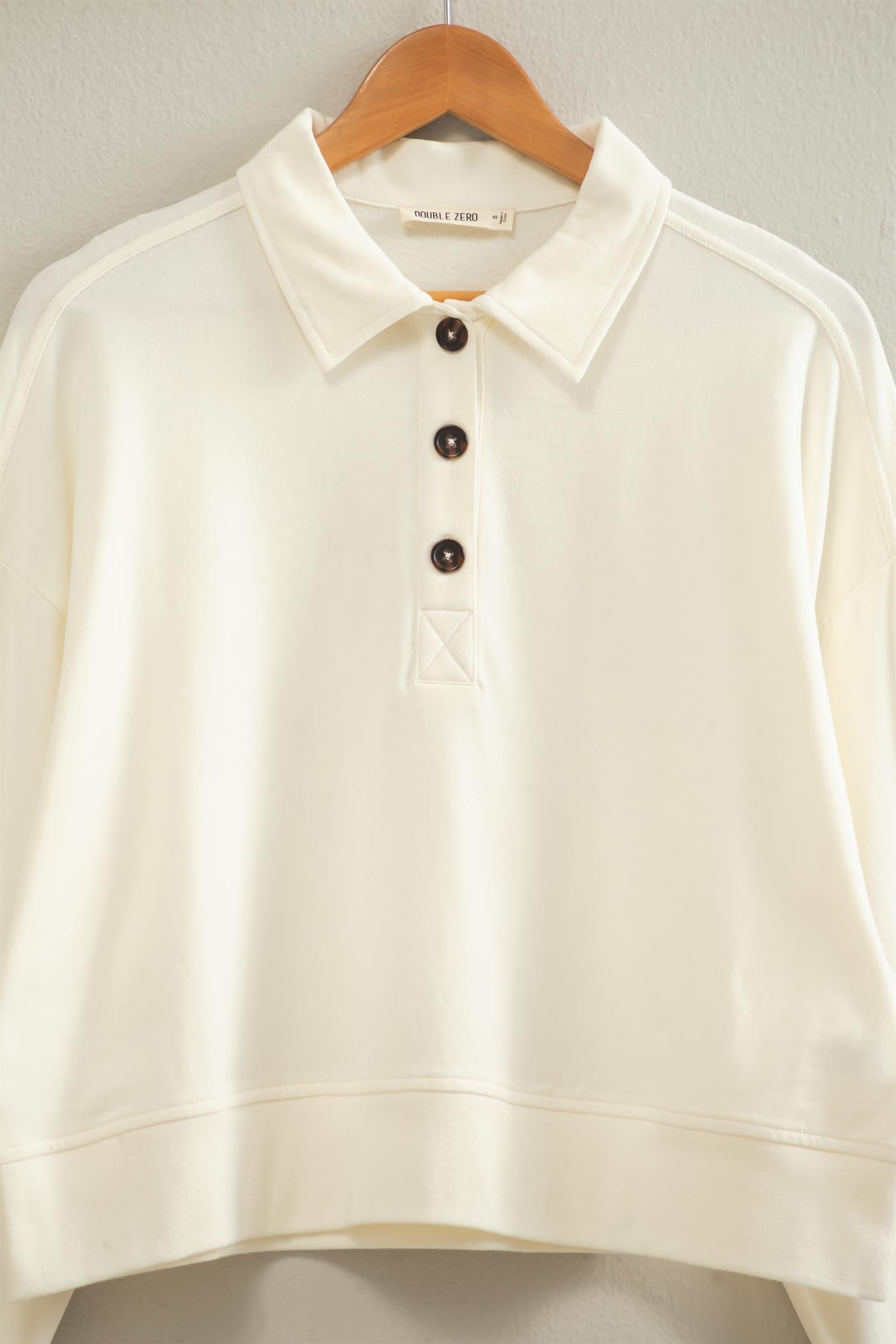 Wholesale Washed Button-Front Collared Sweatshirt Sweatshirts DZ26E390 CREAM DOUBLE ZERO