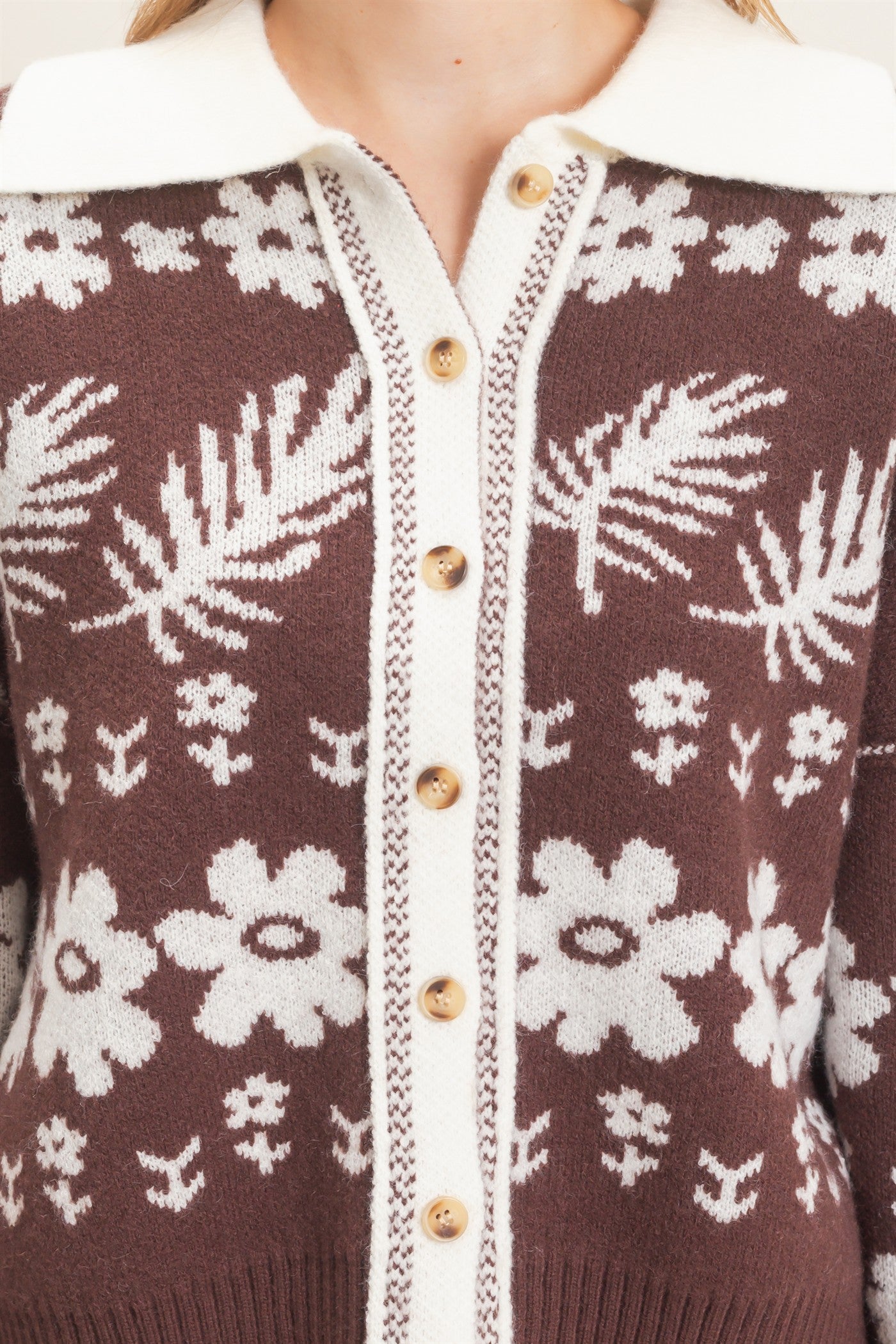 Wholesale Floral Jacquard Collared Cardigan Cardigans HF26E885 BROWN HYFVE