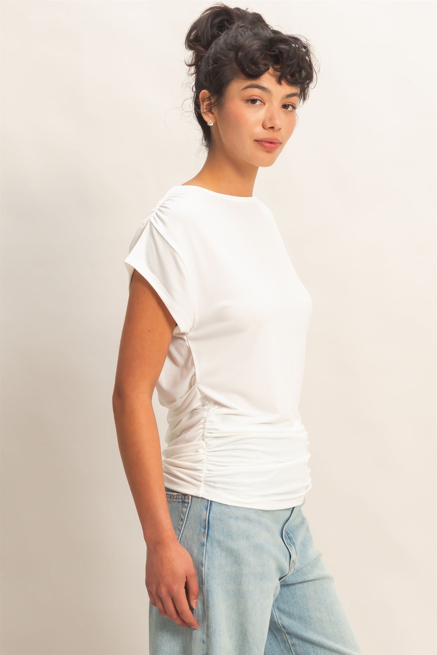 Wholesale Cowl Back Draped Cap Sleeve Top Clothing Tops DZ26C025 WHITE DOUBLE ZERO