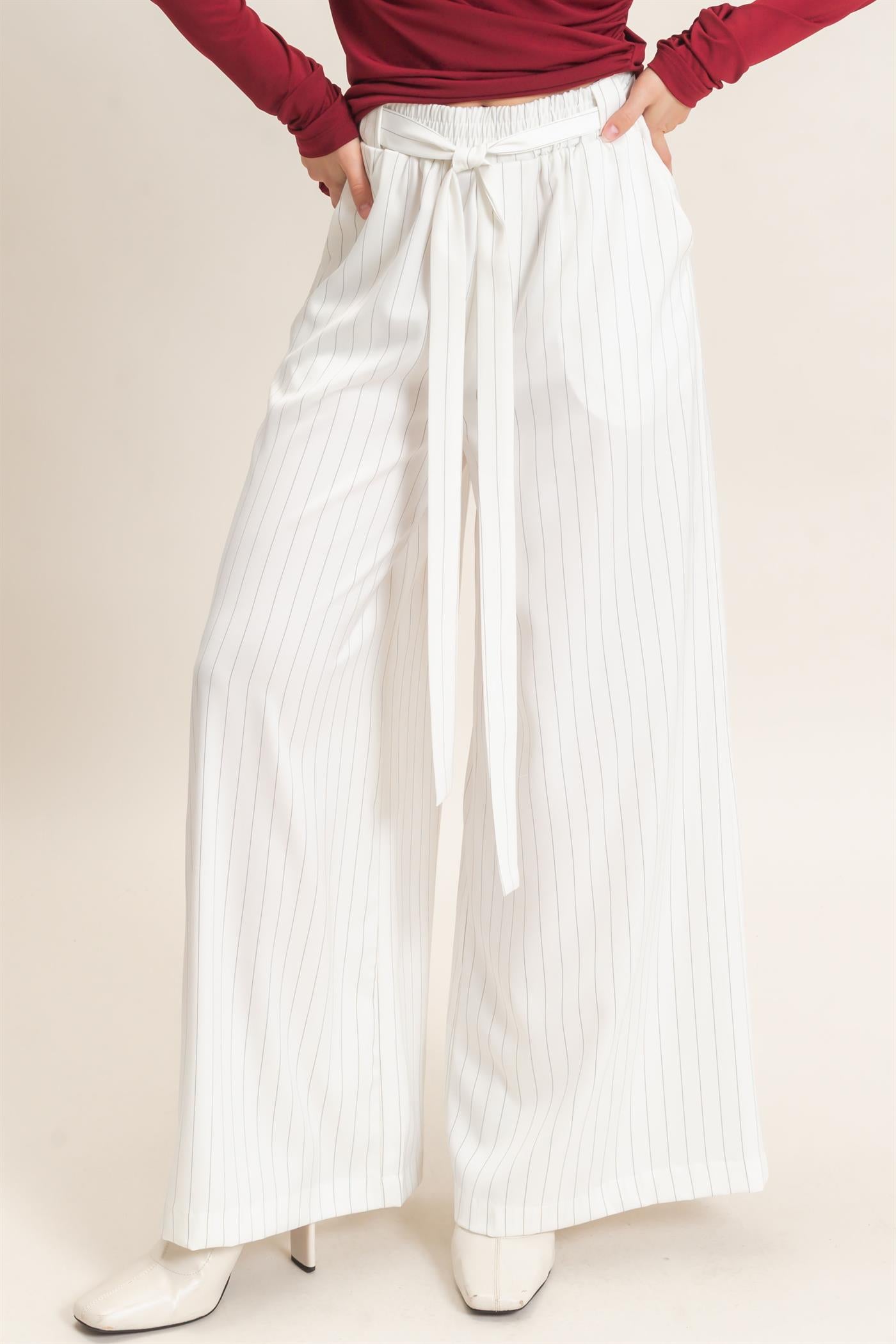 Wholesale Pinstripe Wide-Leg Pants Pants HF25F030 WHITE HYFVE