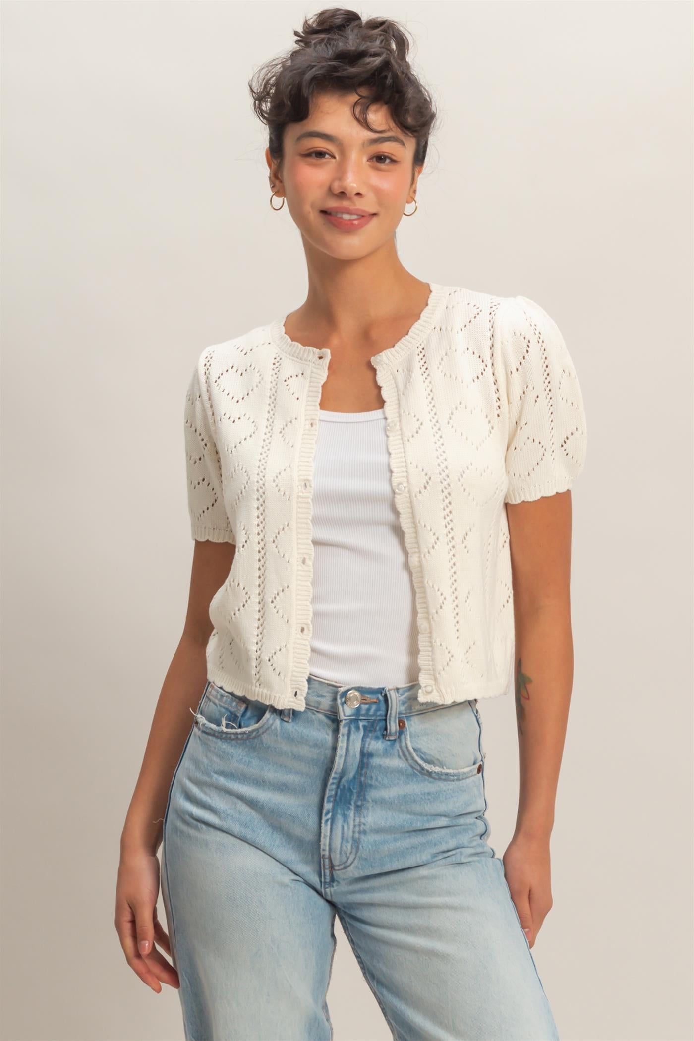 Wholesale Pointelle Knit Puff Sleeve Button Up Cardigan Cardigans DZ26A425 WHIP CREAM HYFVE