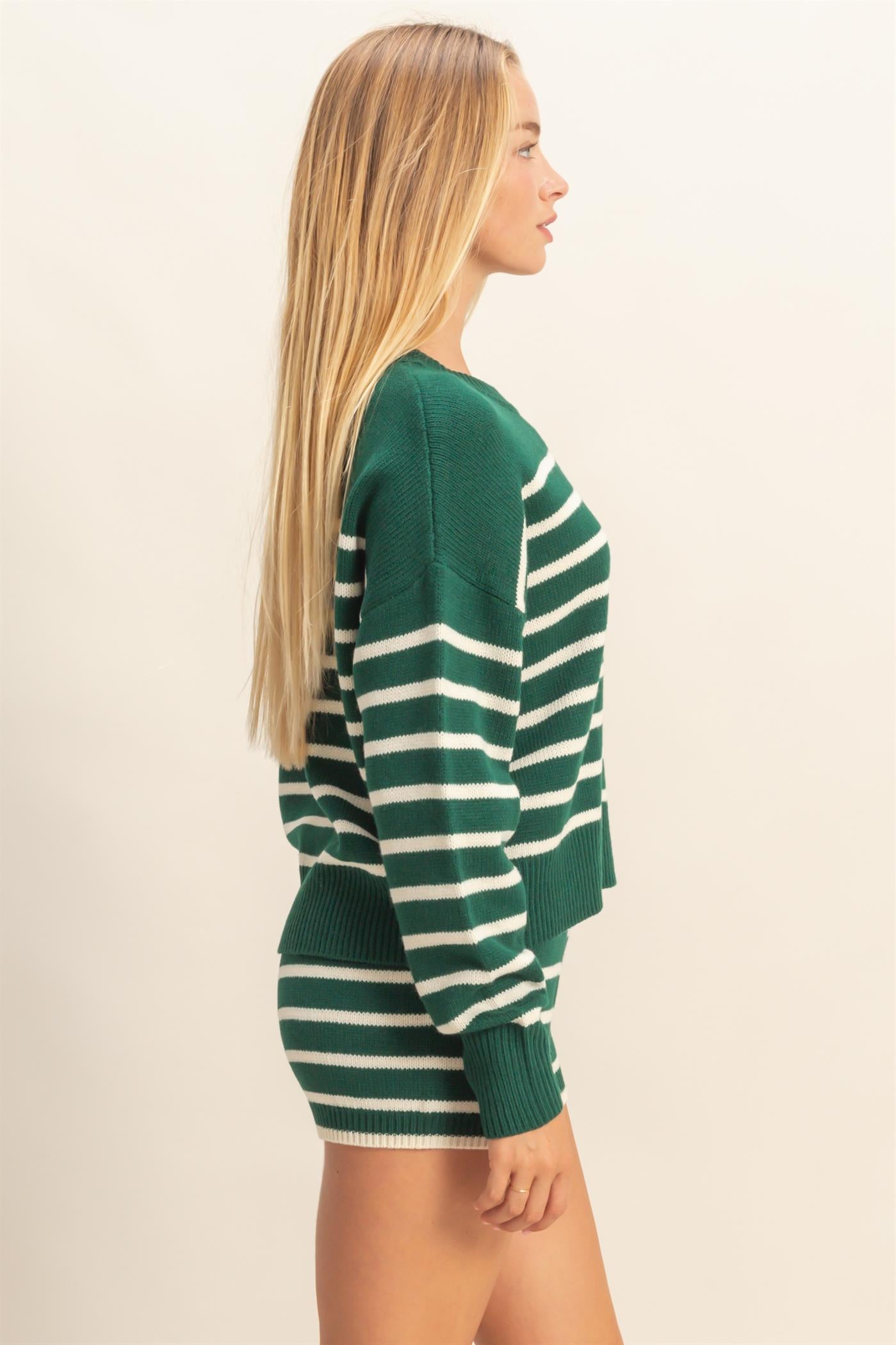 Wholesale Striped Knit Sweater And Shorts Set Clothing DZ25E141-SET DARK GREEN/CREAM DOUBLE ZERO