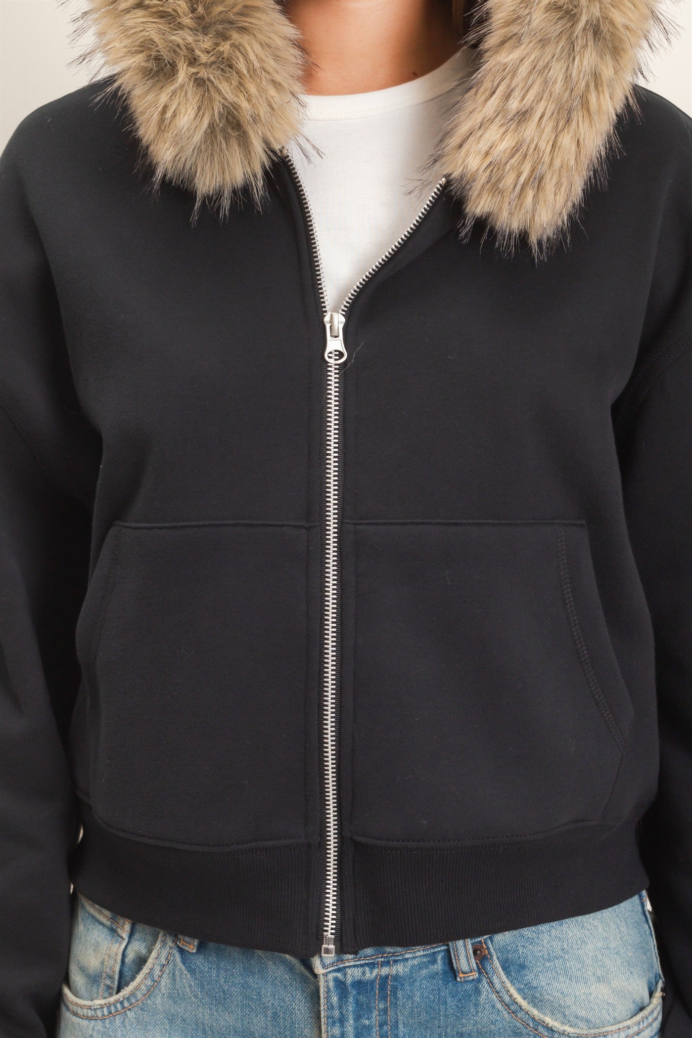 Wholesale Detachable Fur Zip Up Hoodie Hoodies DZ26F396 BLACK DOUBLE ZERO