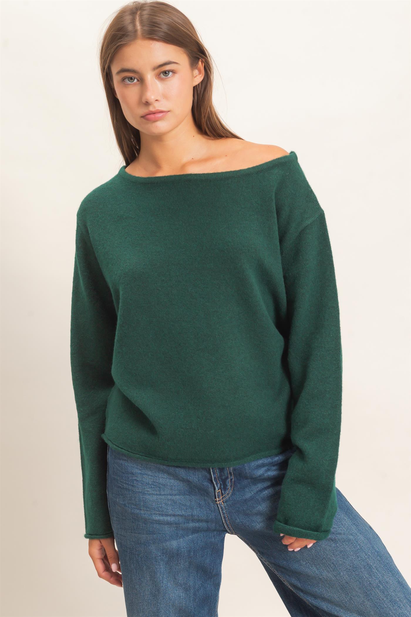 Wholesale Off The Shoulder Sweater Sweaters DZ26E652 DARK GREEN DOUBLE ZERO