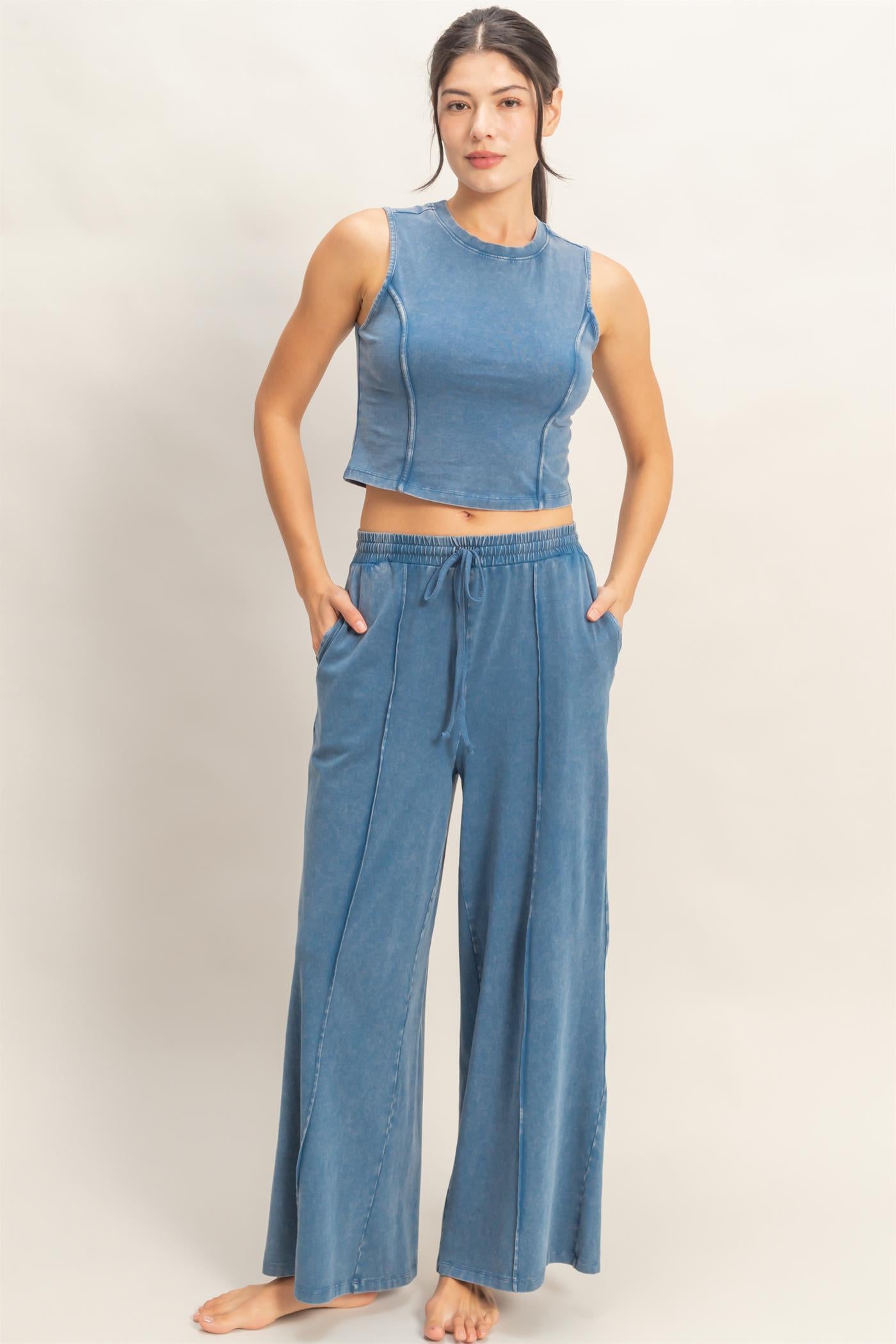 Wholesale Mineral Washed Sleeveless Top & Wide Leg Pants Set Clothing DZ26A371-SET NAVY DOUBLE ZERO