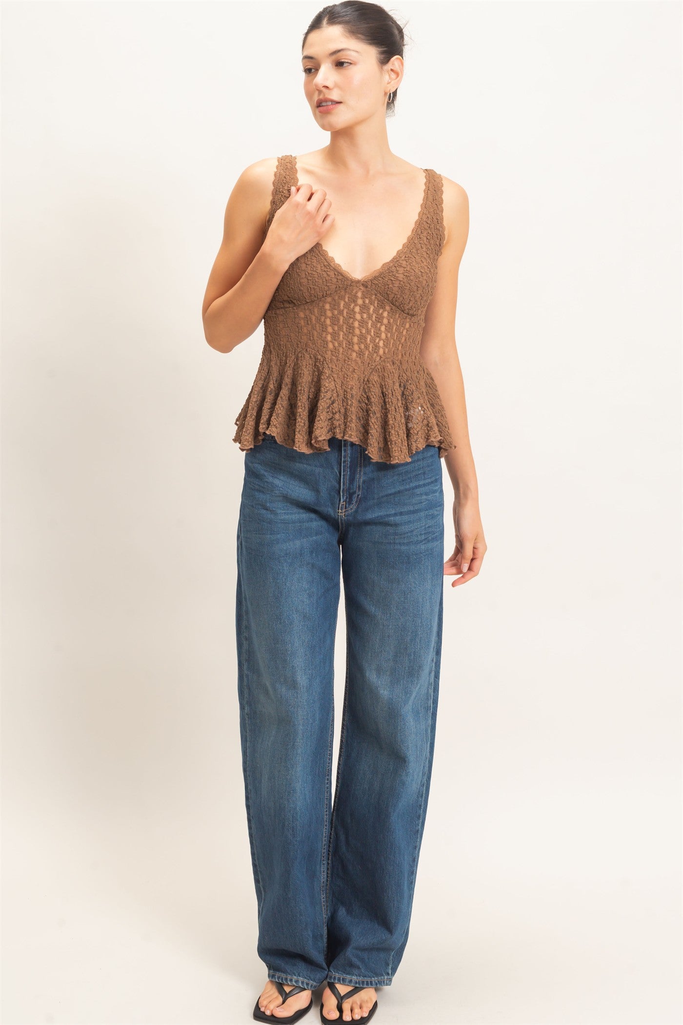 Wholesale Lace V-Neck Peplum Top Clothing Tops HF26E088 BROWN HYFVE