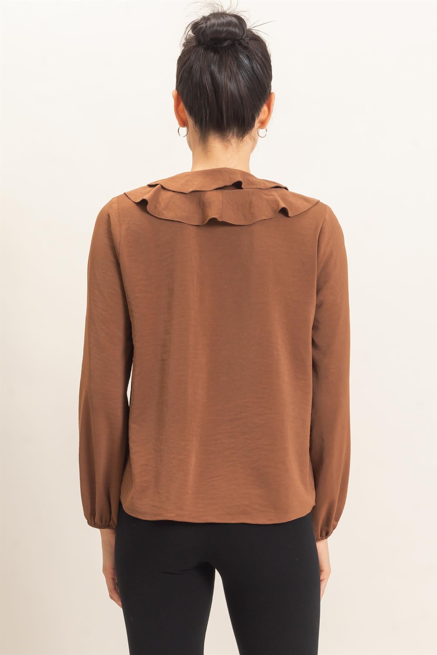 Wholesale Ruffled V-Neck Button-Up Blouse Blouses HF26C739 BROWN HYFVE