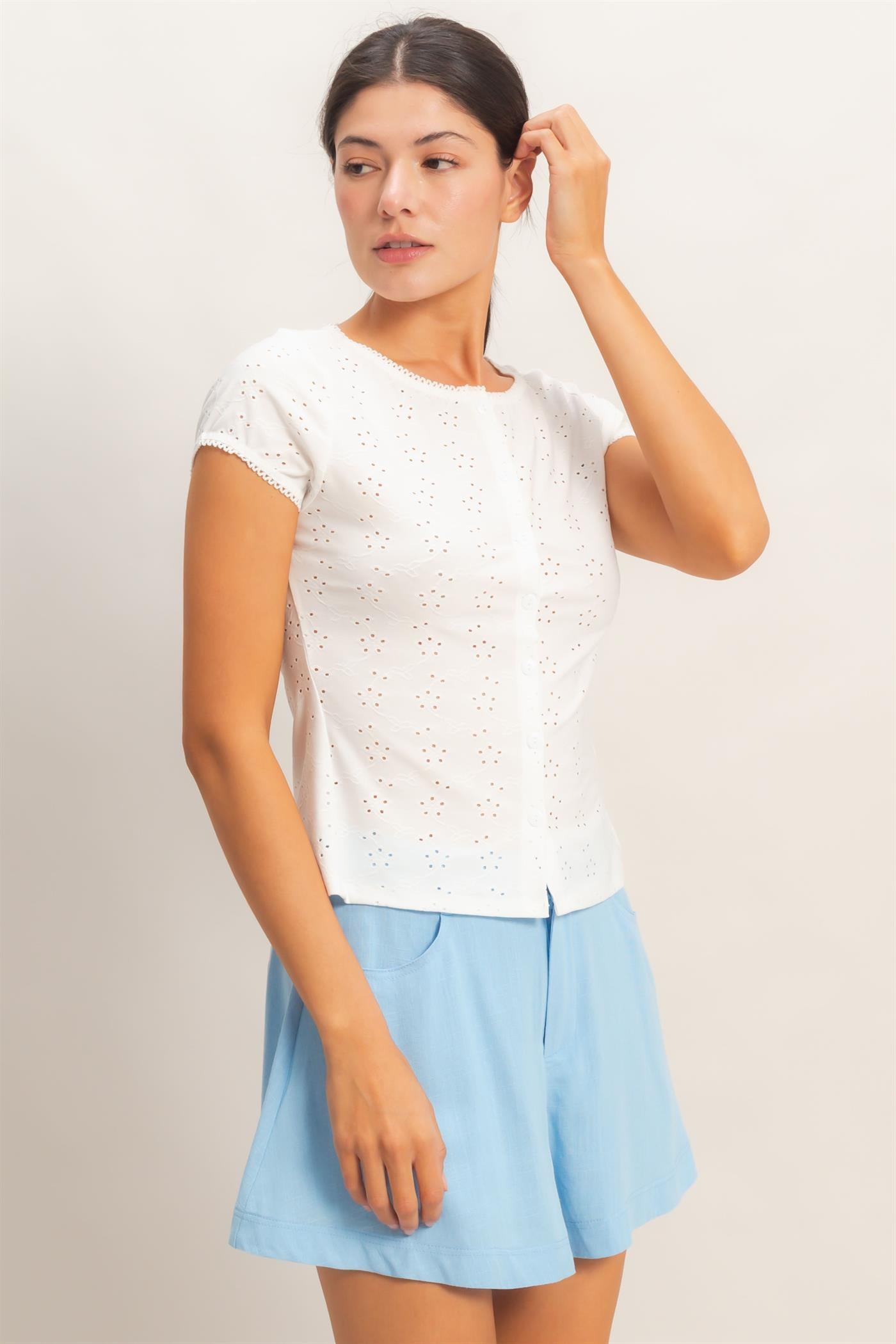 Wholesale Eyelet Button Front Knit Top Clothing Tops HF26C094 OFF WHITE HYFVE