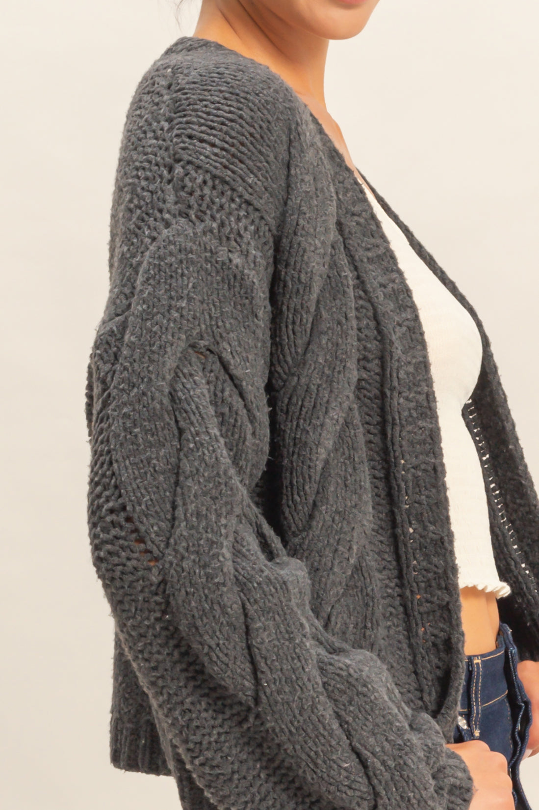 Wholesale Oversized Cable Knit Open Front Cardigan Sweater Cardigans DZ25F072 CHARCOAL DOUBLE ZERO