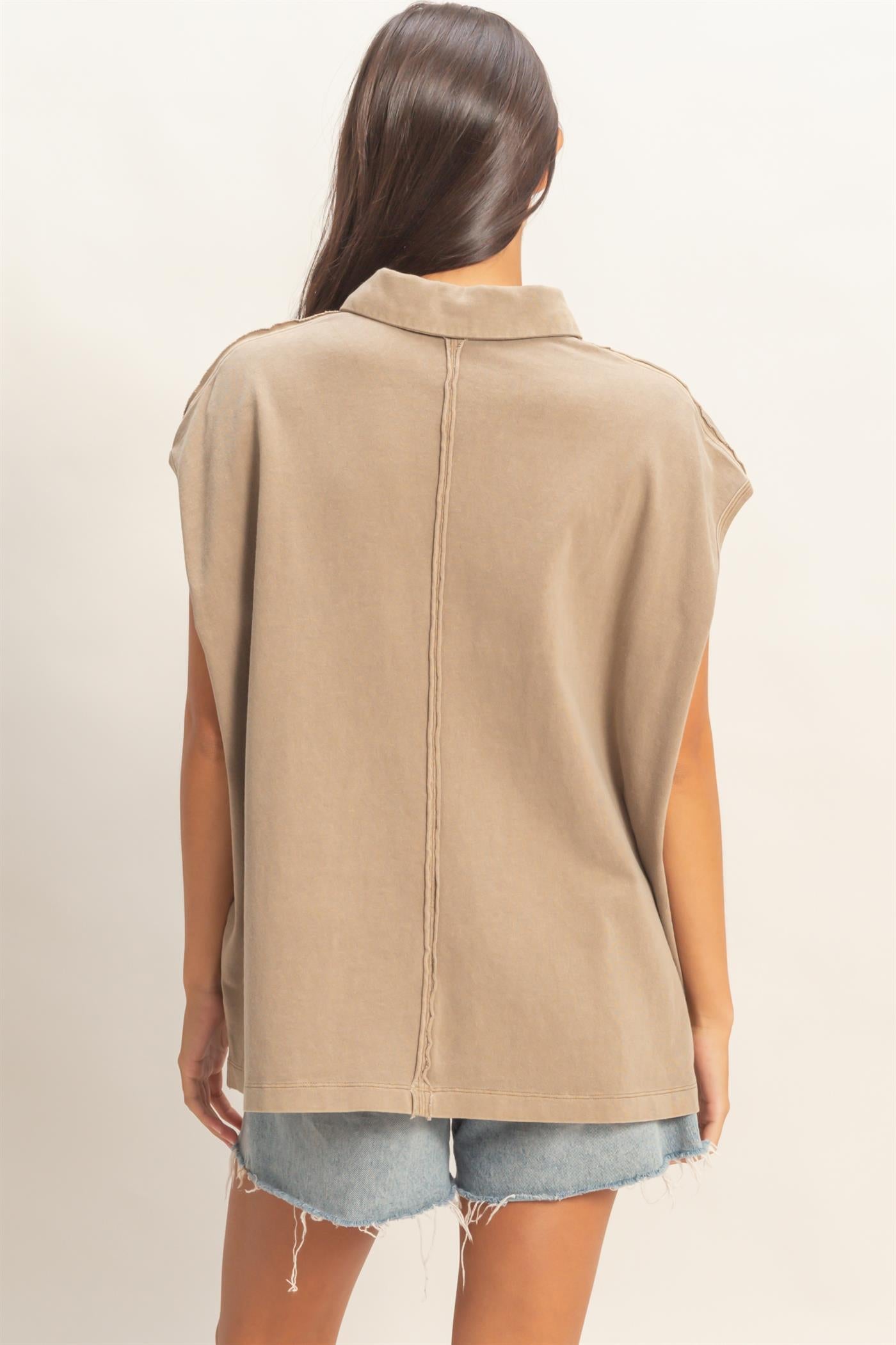 Wholesale Pigment Dye Sleeveless Polo Oversized Top Clothing Tops DZ26C618 MOCHA DOUBLE ZERO