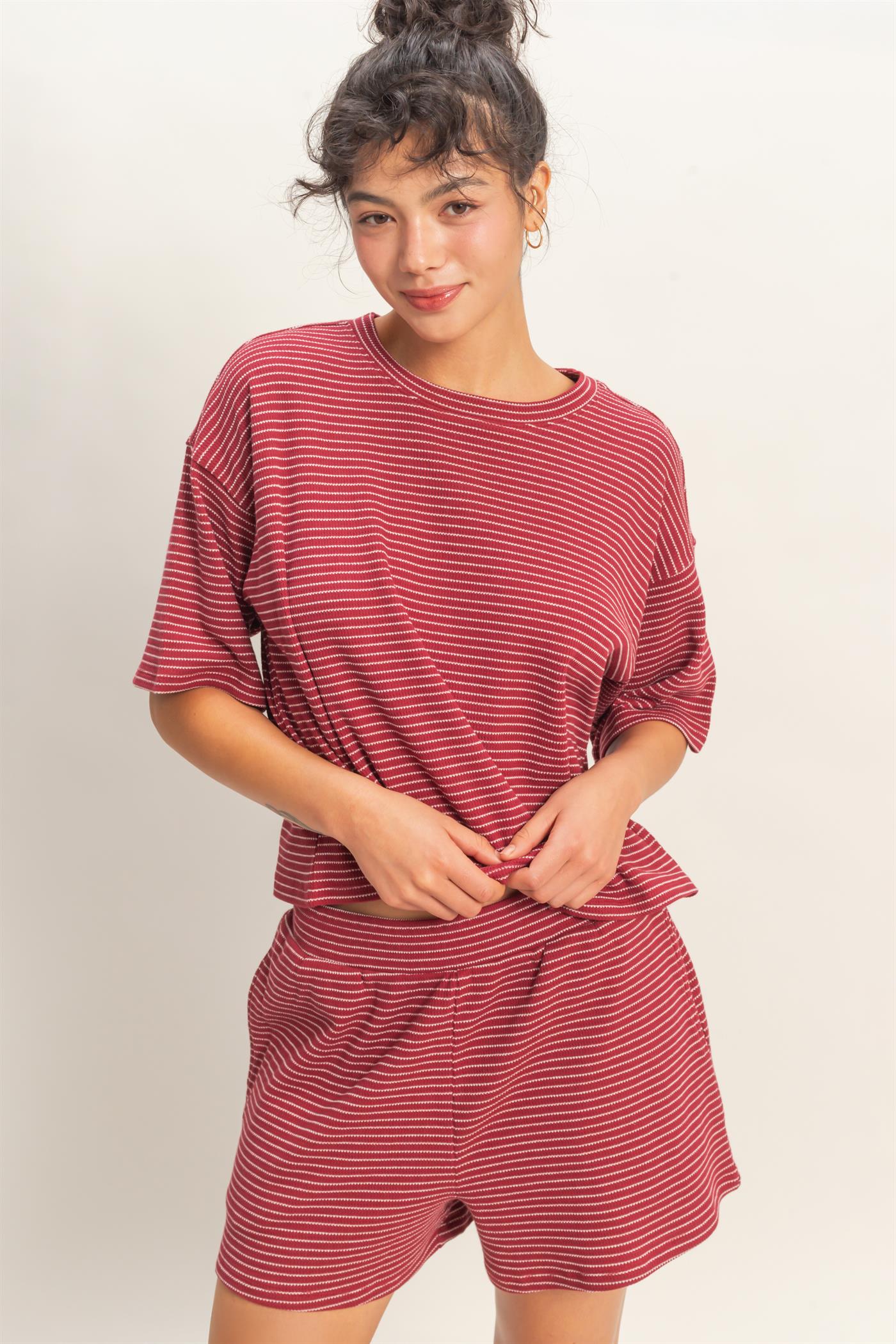 Wholesale Striped Round Neck Top & Shorts Set Clothing DZ26A045-SET DARK RED DOUBLE ZERO