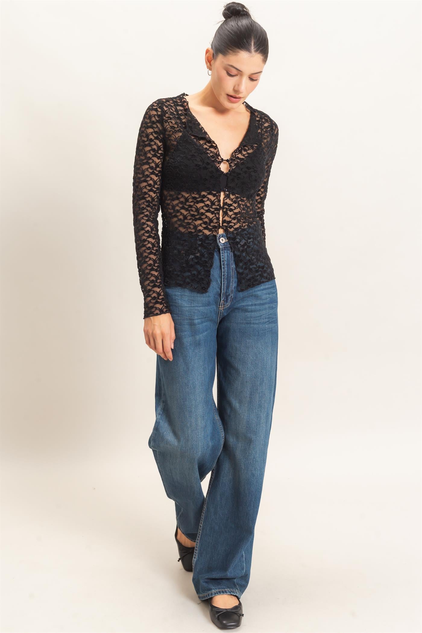 Wholesale Flocked Lace Long Sleeve Cardigan Clothing Tops HF26E415 BLACK HYFVE