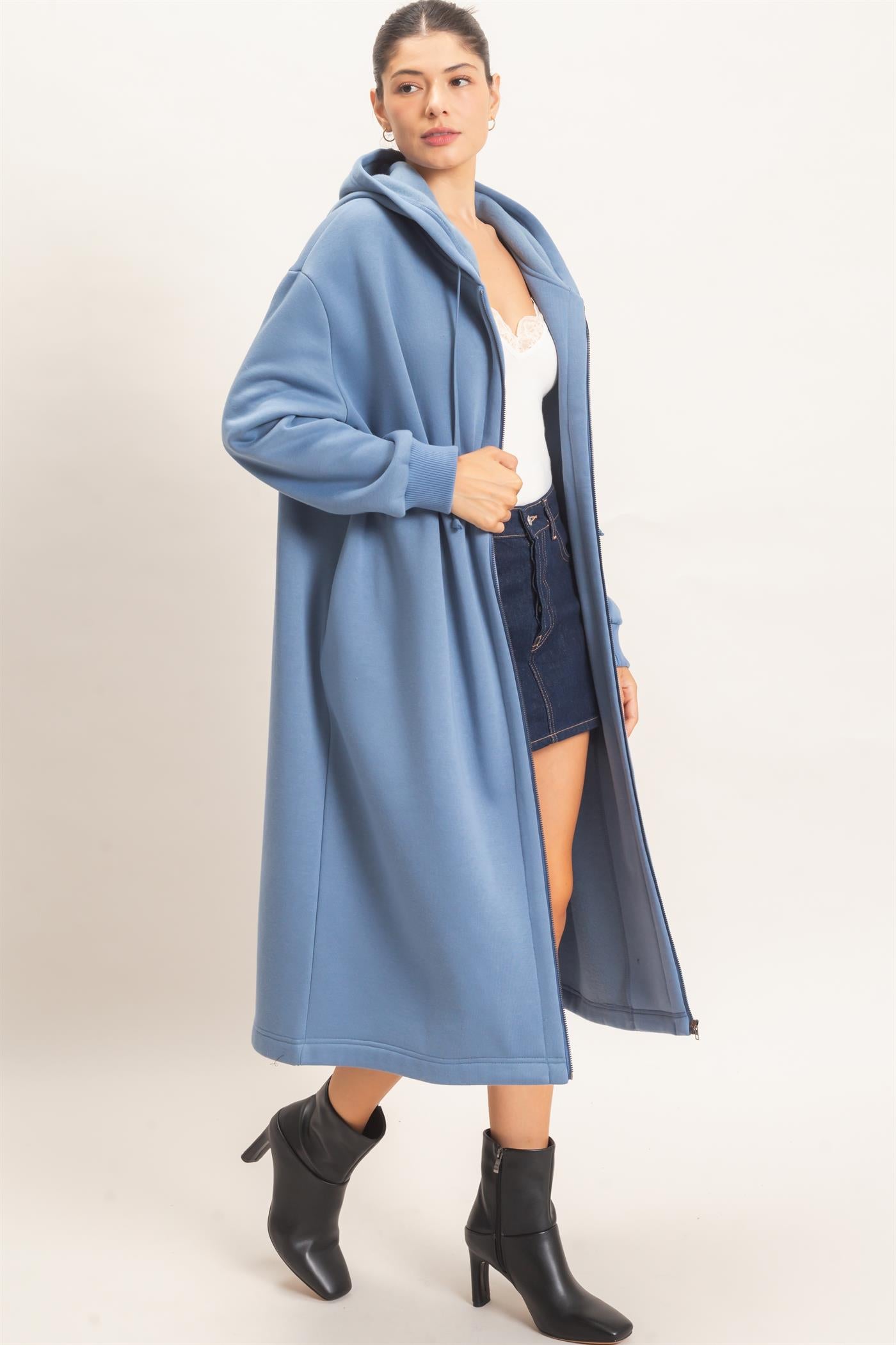 Wholesale Oversized Longline Zip-Up Hoodie Jacket Outerwear HF26E650 DENIM BLUE HYFVE