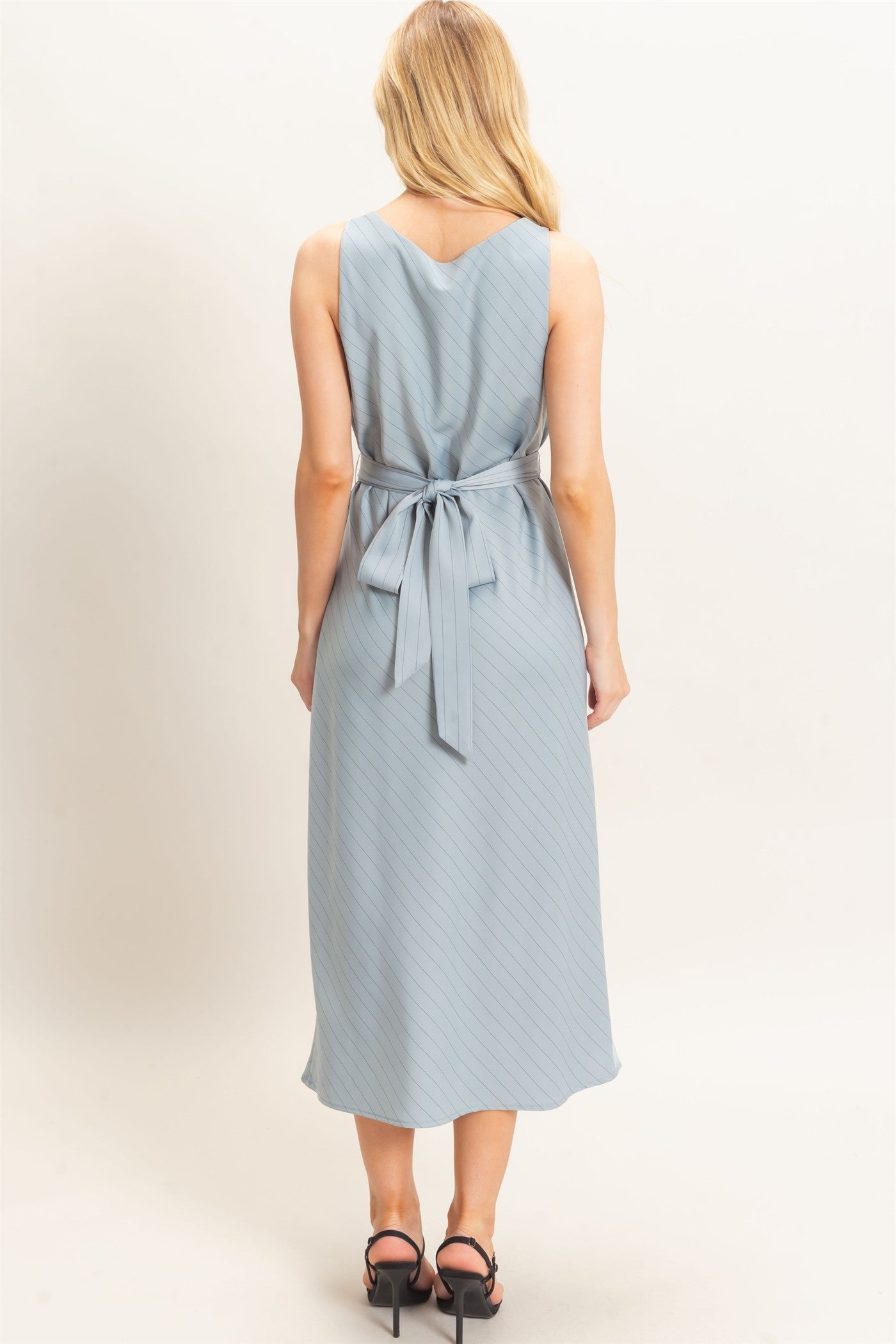Wholesale Cowl Neck Sleeveless Belted Dress Dresses HF25E739 DUSTY BLUE HYFVE