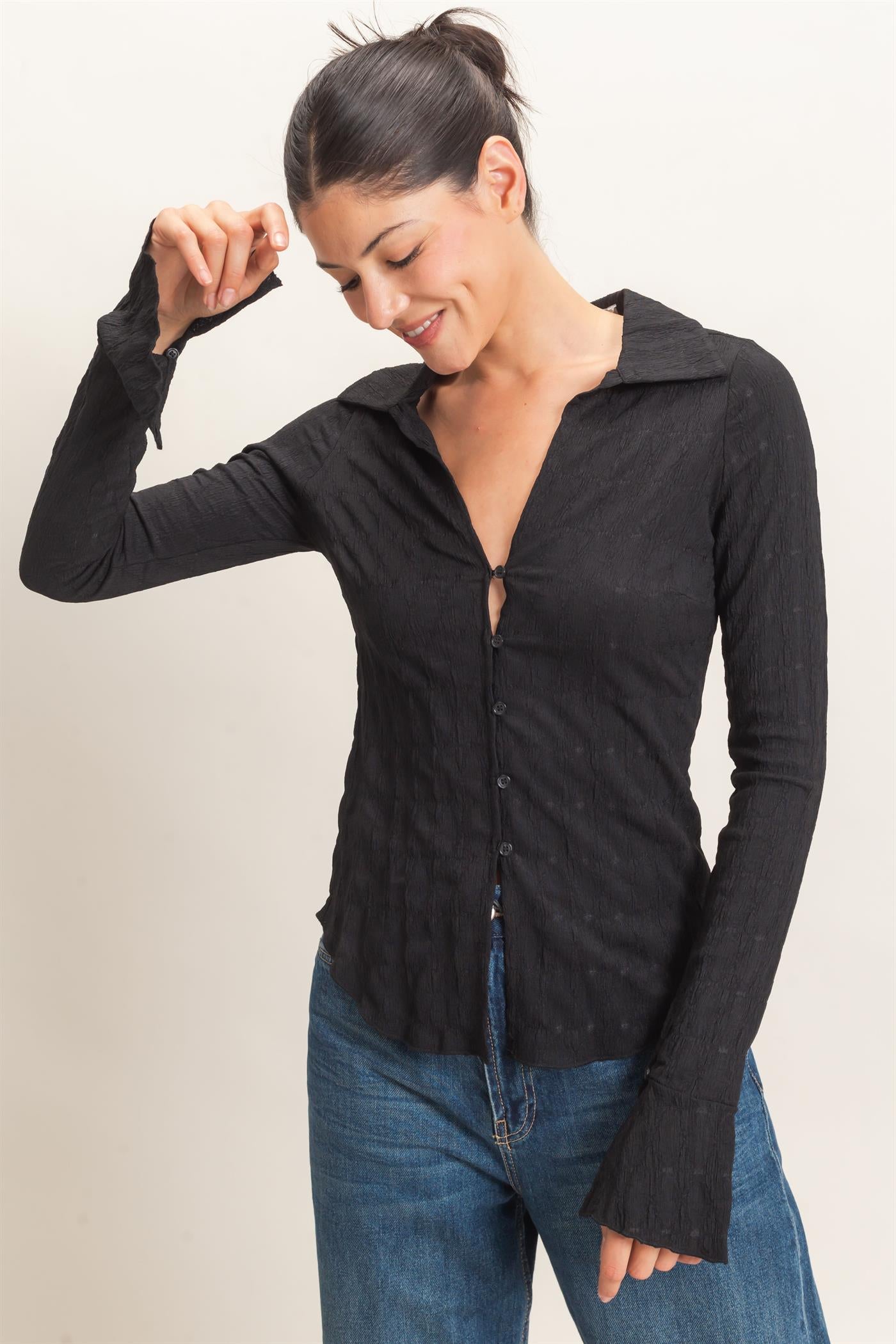 Wholesale Textured Button-Up Collared Top Shirts HF26E062 BLACK HYFVE