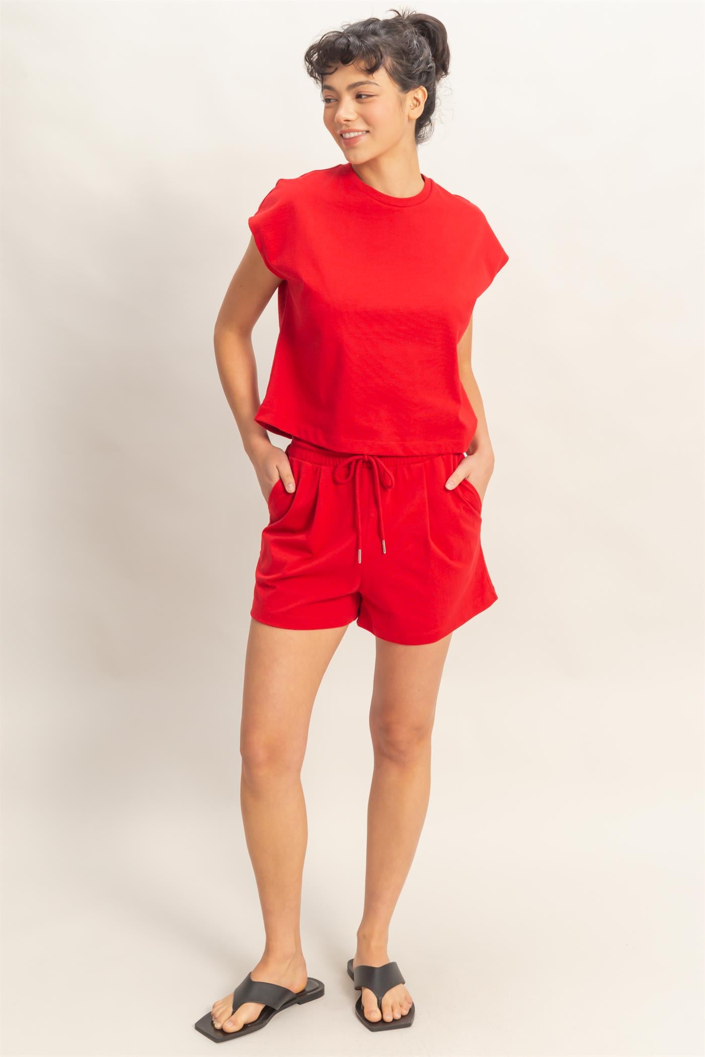 Wholesale Cap Sleeve Boxy Top And Shorts Set Clothing DZ26C543-SET RED DOUBLE ZERO
