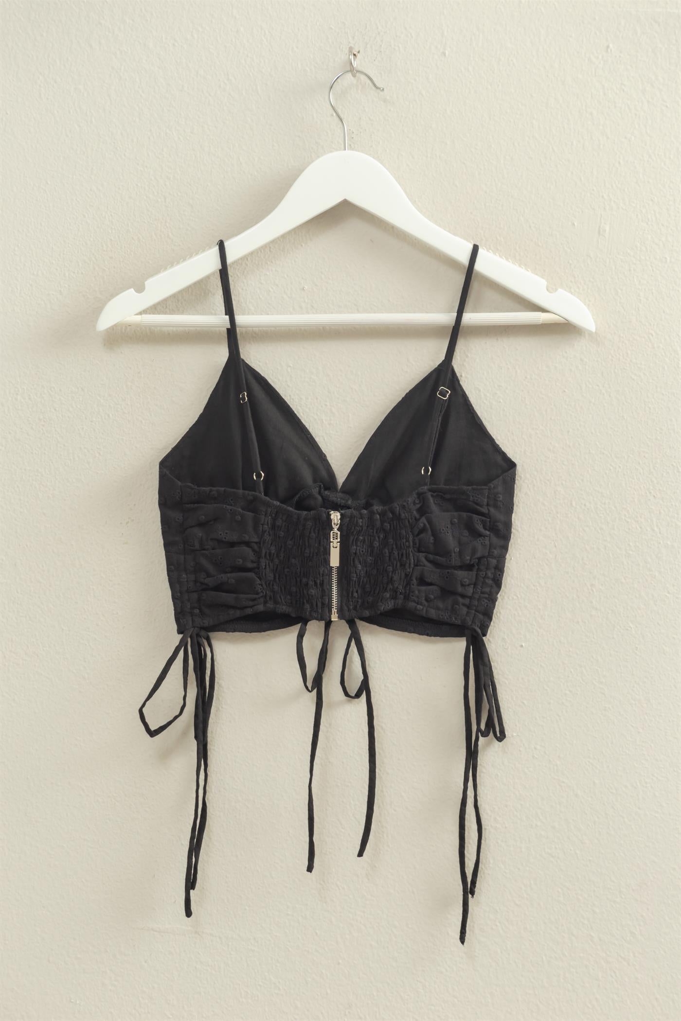 Wholesale Drawstring Detail Crop Cami Top Clothing Tops HF22C088 BLACK HYFVE