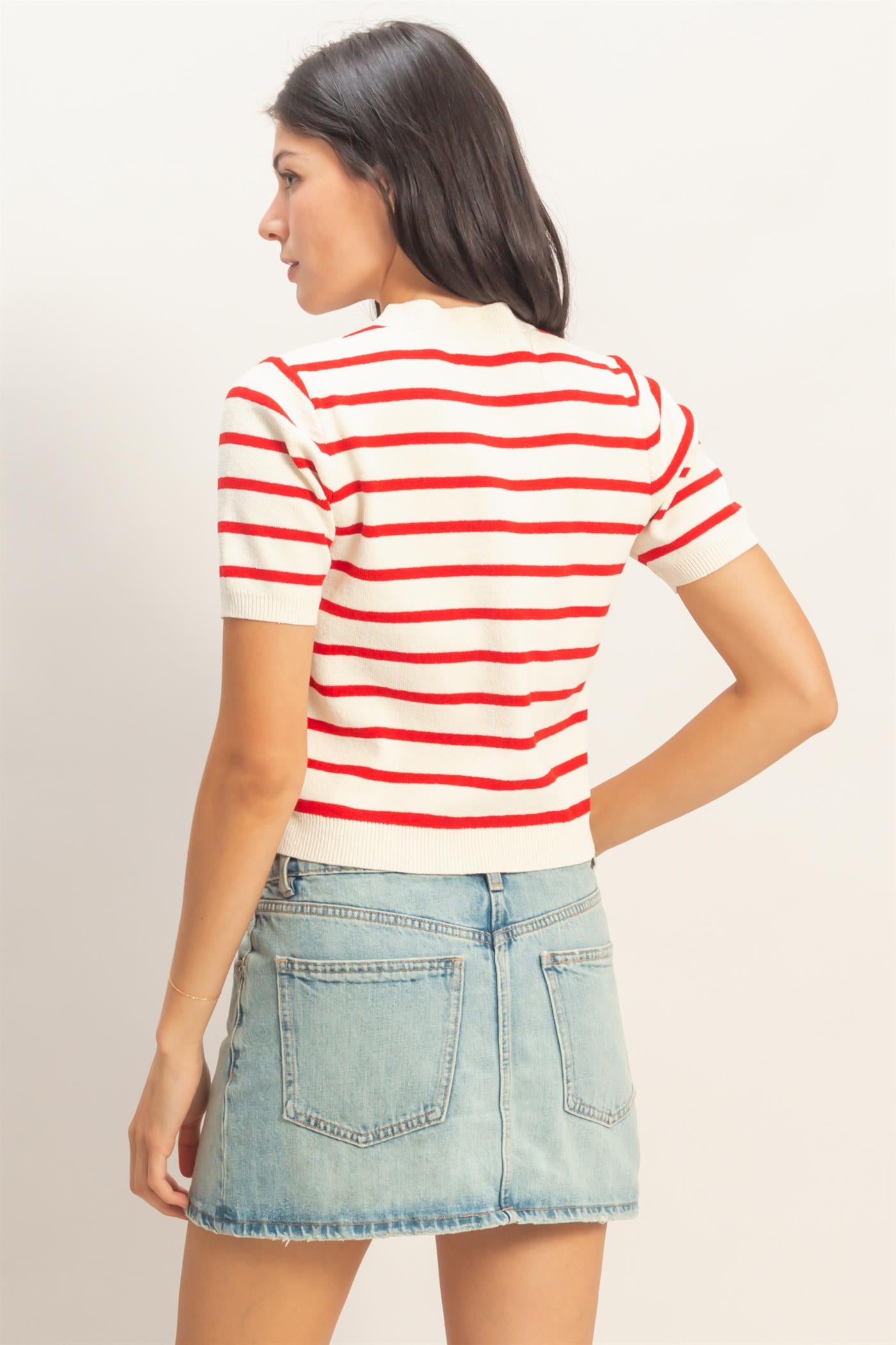 Wholesale Striped Short Sleeve Button Up Cardigan Cardigans DZ26A604 RED DOUBLE ZERO