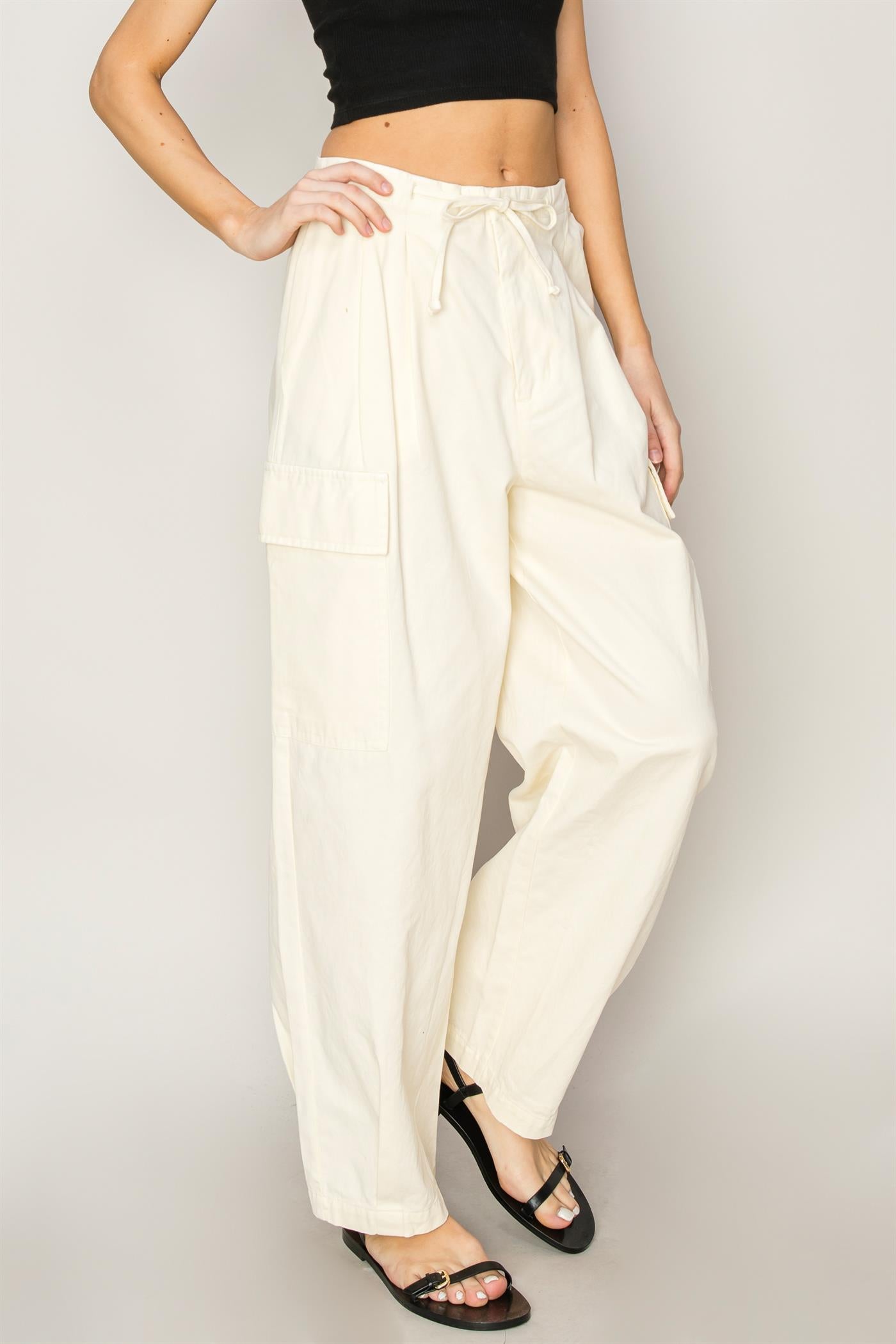 Wholesale High Waist Drawstring Cargo Pants Pants DZ24A650 CREAM DOUBLE ZERO