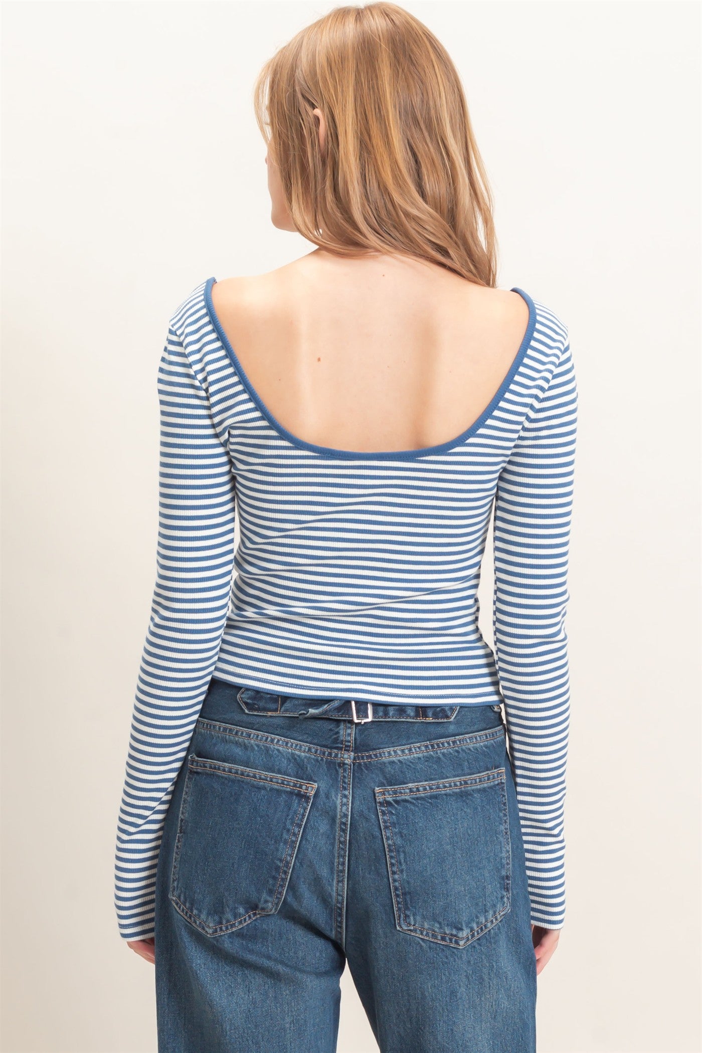 Wholesale Striped Boat Neck Long Sleeve Top Clothing Tops HF26F080 BLUE/WHITE HYFVE