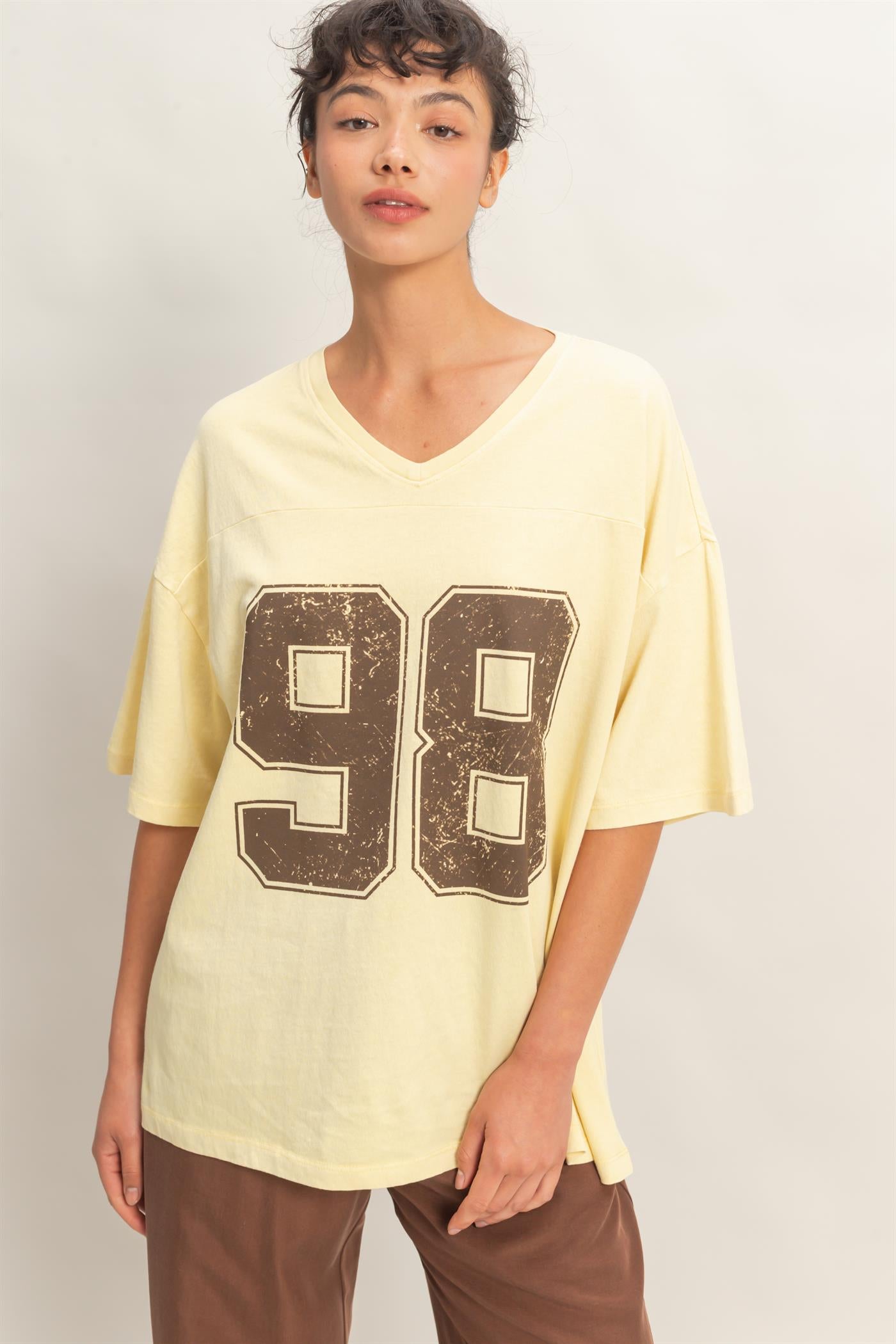 Wholesale Oversized Varsity Style V-Neck Graphic T-Shirt T-Shirts DZ26C200 PALE YELLOW DOUBLE ZERO