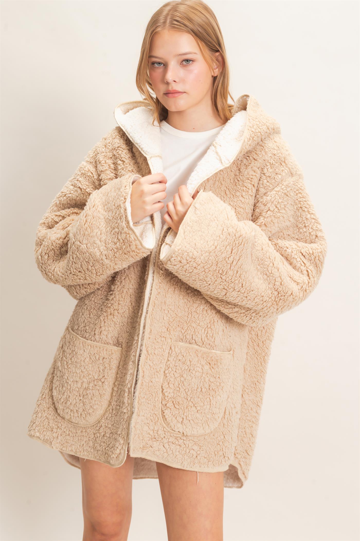 Wholesale Hooded Sherpa Jacket Coats & Jackets HF26E874 LIGHT BEIGE HYFVE