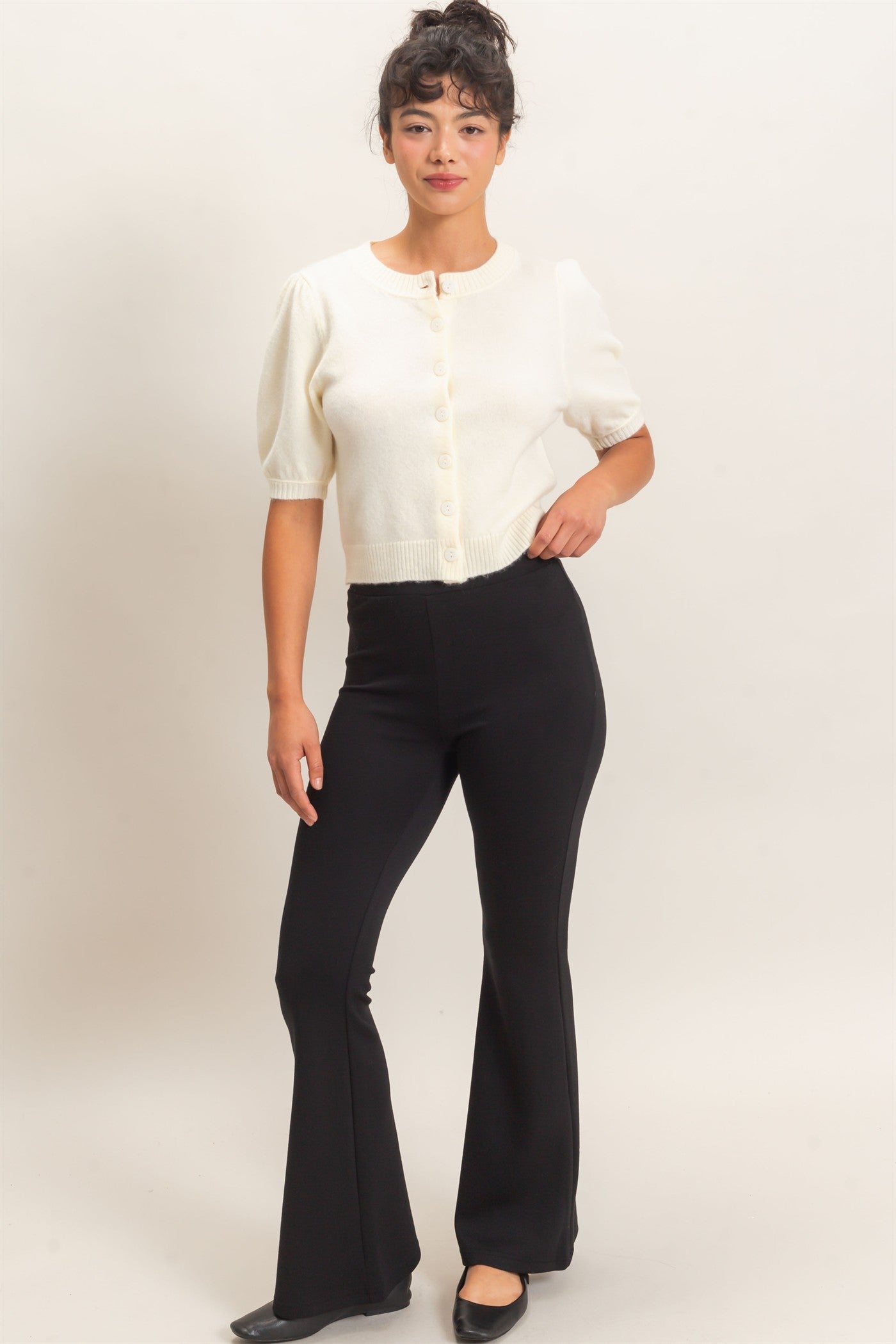 Wholesale Button Front Puff Short Sleeve Cardigan Cardigans DZ26C960 CREAM DOUBLE ZERO