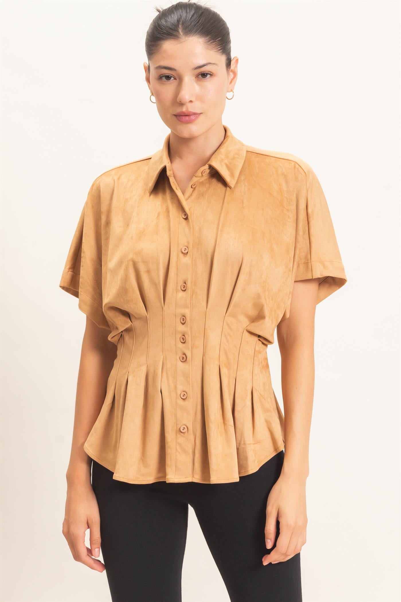 Wholesale Suede Button-Down Blouse Blouses HF26E651 CAMEL HYFVE