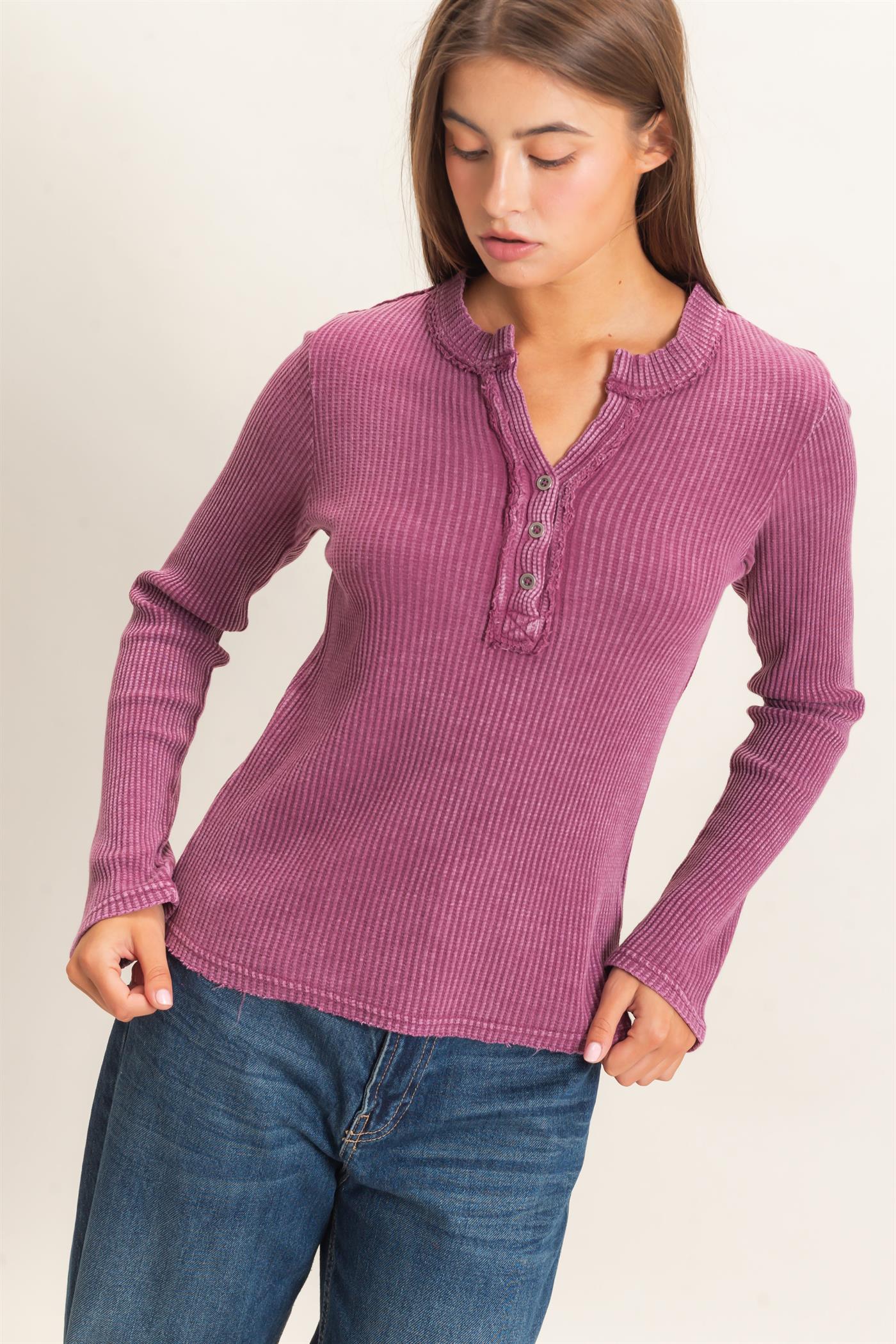 Wholesale Mineral Wash Waffle Henley Long Sleeve Top Clothing Tops DZ26E243 DARK CHERRY DOUBLE ZERO