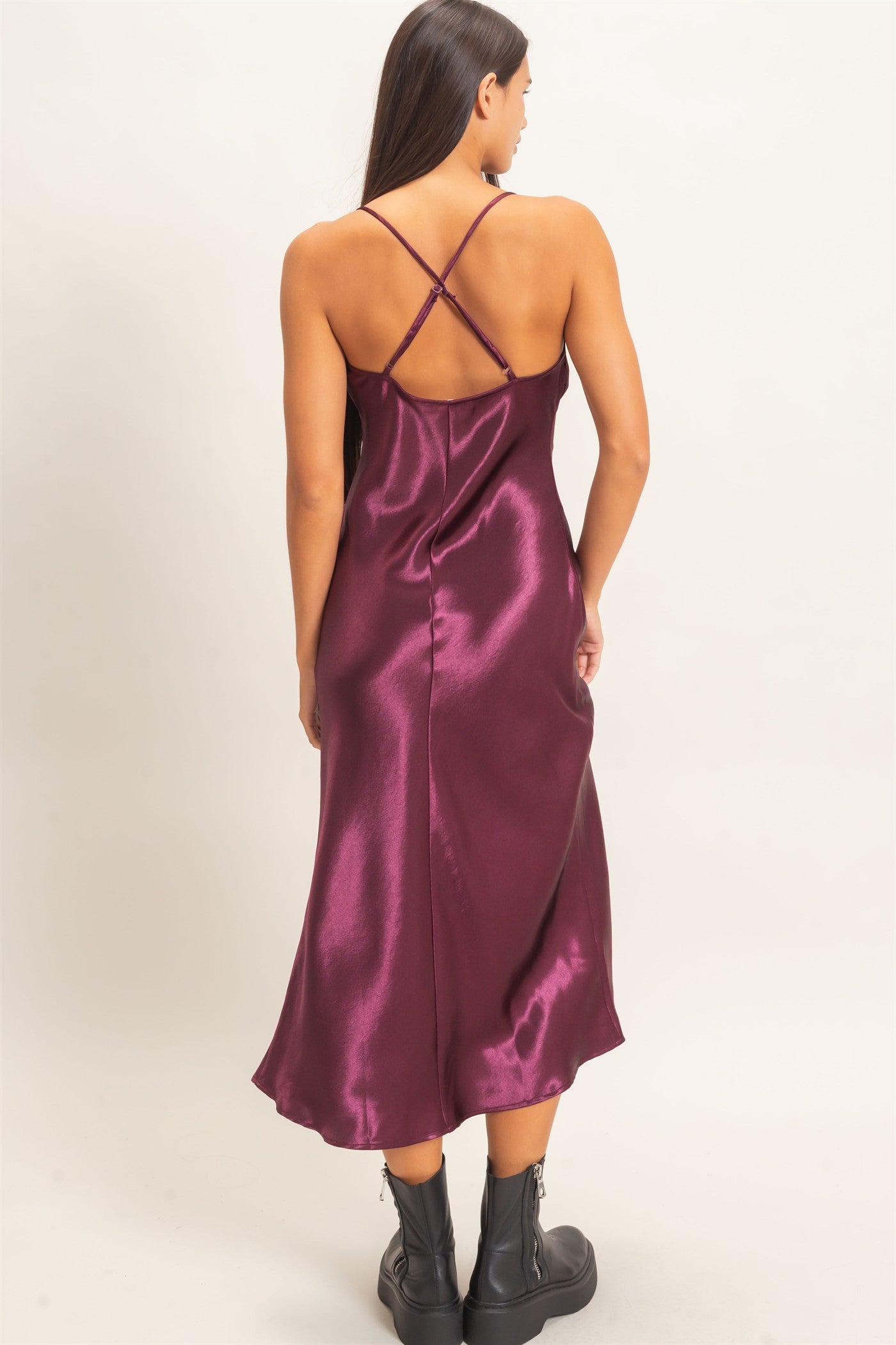 Wholesale Cowl Neck Satin Slip Dress Dresses DZ26E251 DARK CHERRY DOUBLE ZERO